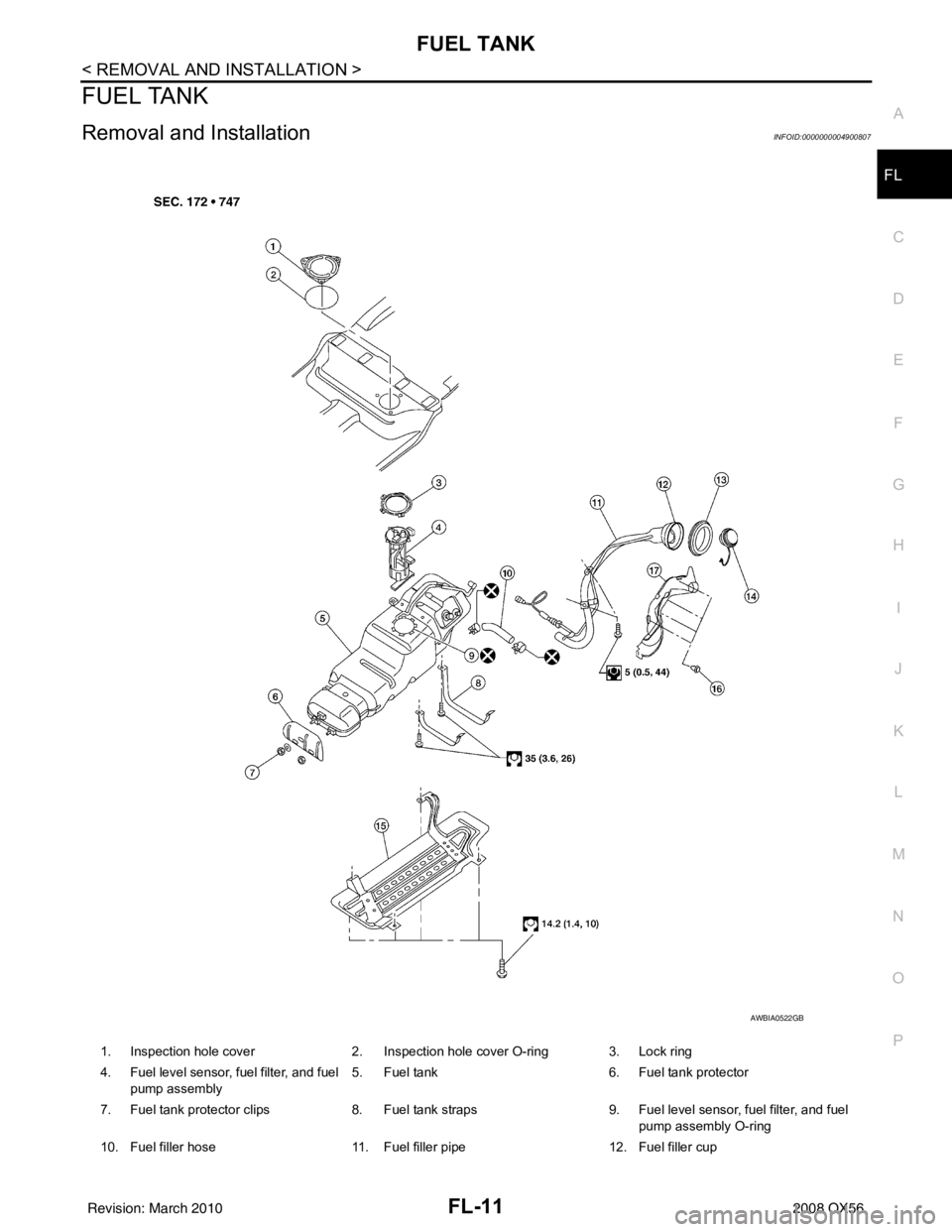INFINITI QX56 2008  Factory Service Manual FUEL TANKFL-11
< REMOVAL AND INSTALLATION >
C
DE
F
G H
I
J
K L
M A
FL
NP
O
FUEL TANK
Removal and InstallationINFOID:0000000004900807
1. Inspection hole cover
2. Inspection hole cover O-ring 3. Lock ri