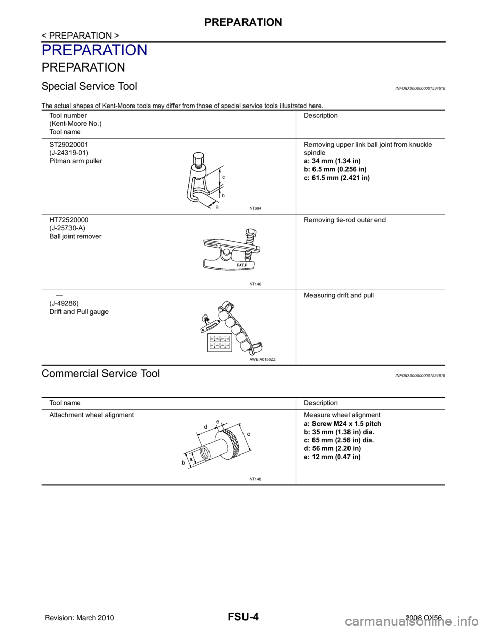 INFINITI QX56 2008  Factory Service Manual FSU-4
< PREPARATION >
PREPARATION
PREPARATION
PREPARATION
Special Service ToolINFOID:0000000001534618
The actual shapes of Kent-Moore tools may differ from those of special service tools illustrated h
