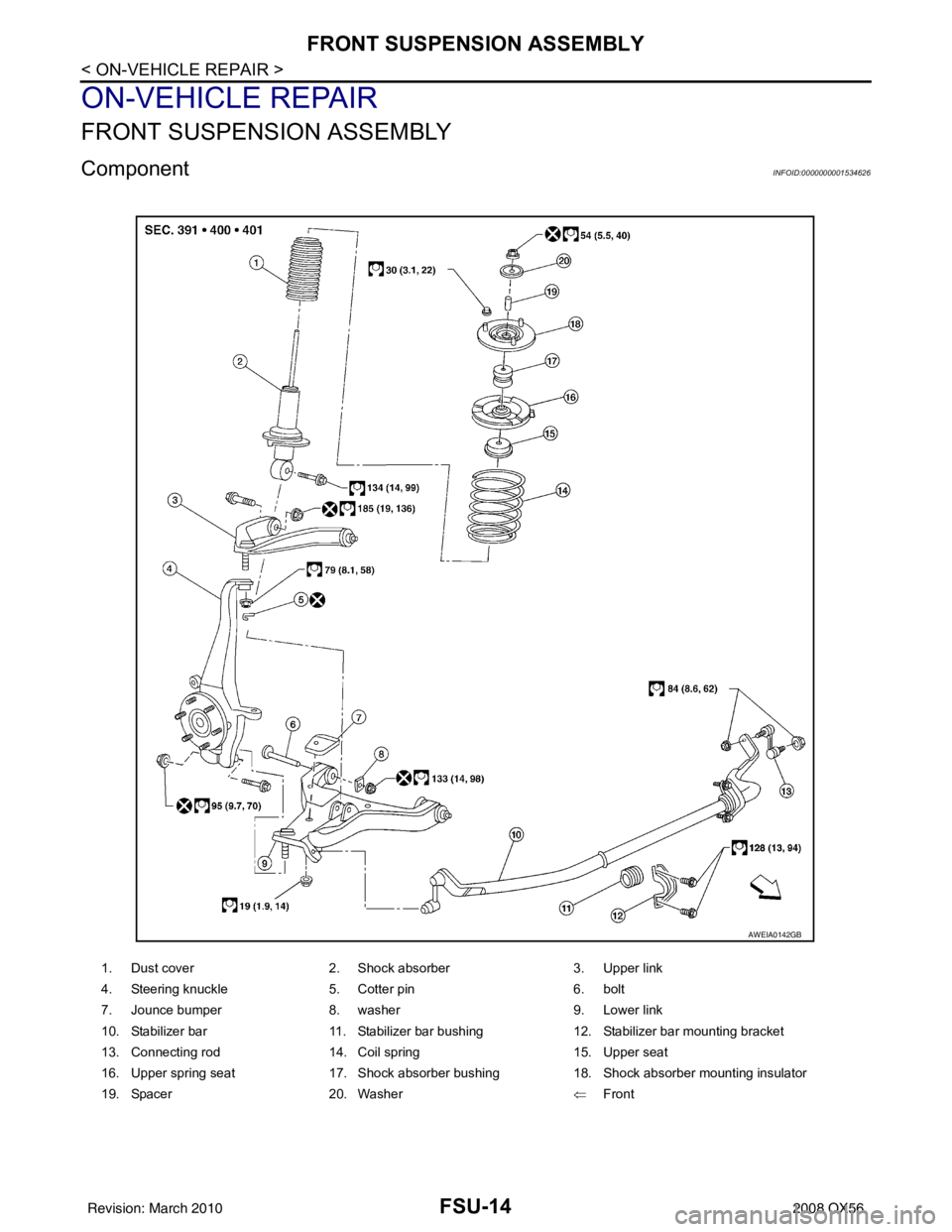 INFINITI QX56 2008  Factory Service Manual FSU-14
< ON-VEHICLE REPAIR >
FRONT SUSPENSION ASSEMBLY
ON-VEHICLE REPAIR
FRONT SUSPENSION ASSEMBLY
ComponentINFOID:0000000001534626
1. Dust cover2. Shock absorber 3. Upper link
4. Steering knuckle 5. 