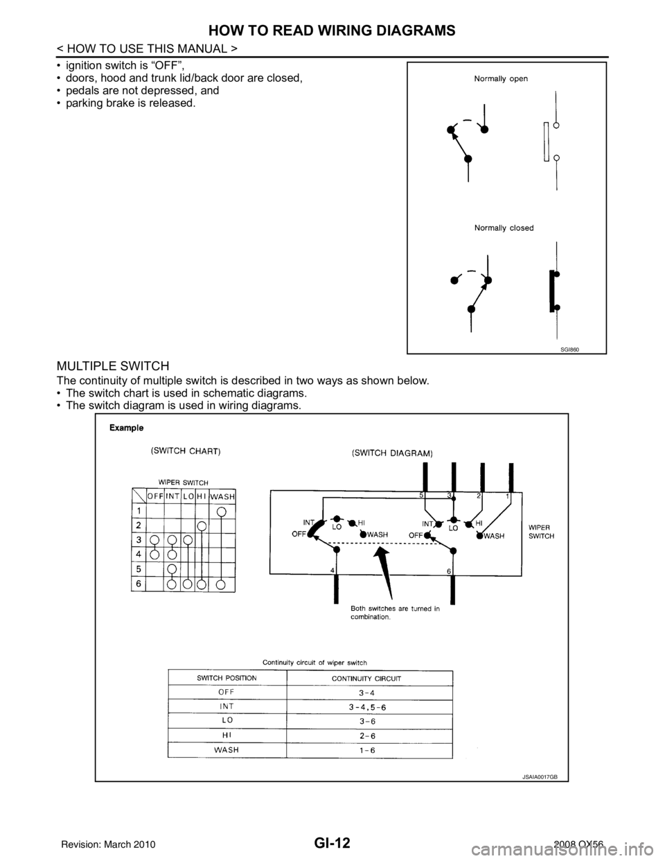 INFINITI QX56 2008  Factory Service Manual GI-12
< HOW TO USE THIS MANUAL >
HOW TO READ WIRING DIAGRAMS
• ignition switch is “OFF”,
• doors, hood and trunk lid/back door are closed,
• pedals are not depressed, and
• parking brake i
