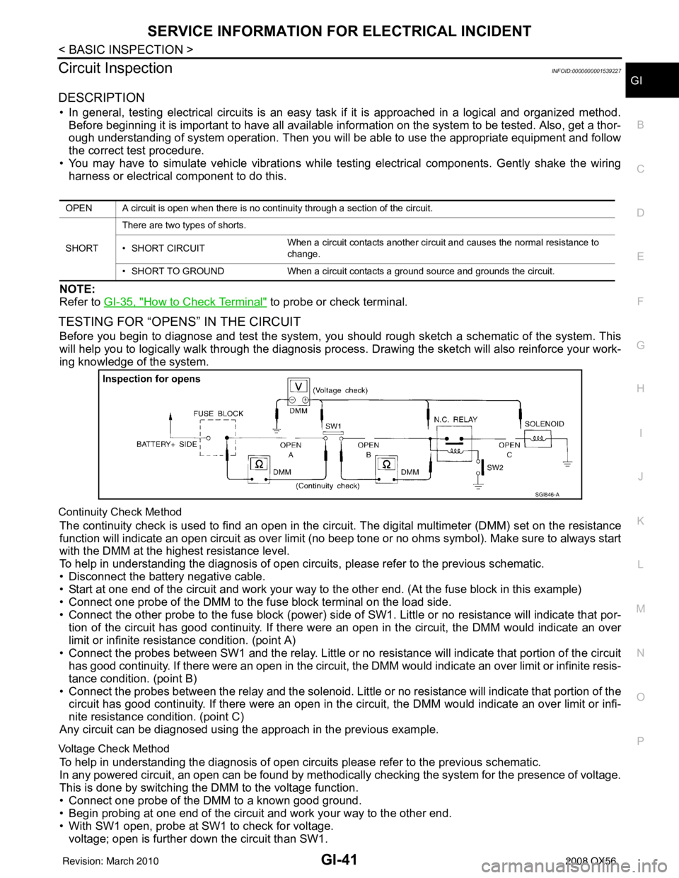 INFINITI QX56 2008  Factory Service Manual SERVICE INFORMATION FOR ELECTRICAL INCIDENTGI-41
< BASIC INSPECTION >
C
DE
F
G H
I
J
K L
M B
GI
N
O P
Circuit InspectionINFOID:0000000001539227
DESCRIPTION 
• In general, testing electrical circuits