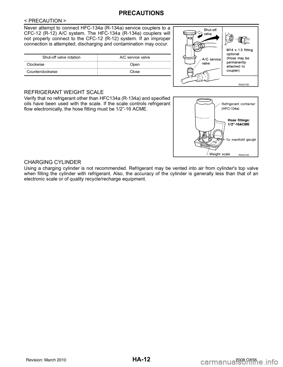 INFINITI QX56 2008  Factory Service Manual HA-12
< PRECAUTION >
PRECAUTIONS
Never attempt to connect HFC-134a (R-134a) service couplers to a
CFC-12 (R-12) A/C system. The HFC-134a (R-134a) couplers will
not properly connect to the CFC-12 (R-12