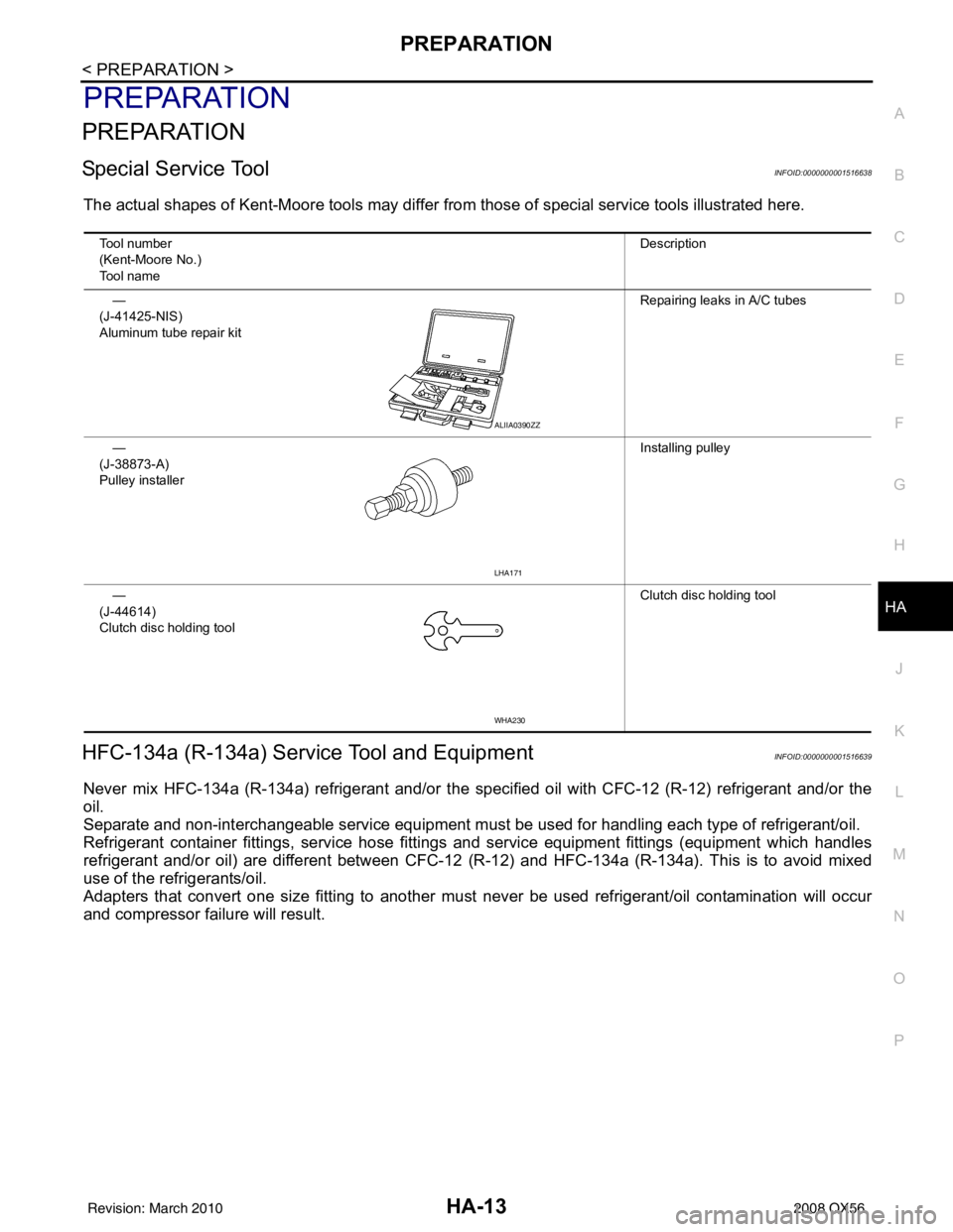INFINITI QX56 2008  Factory Service Manual PREPARATIONHA-13
< PREPARATION >
C
DE
F
G H
J
K L
M A
B
HA
N
O P
PREPARATION
PREPARATION
Special Service ToolINFOID:0000000001516638
The actual shapes of Kent-Moore tools may differ from those of spec