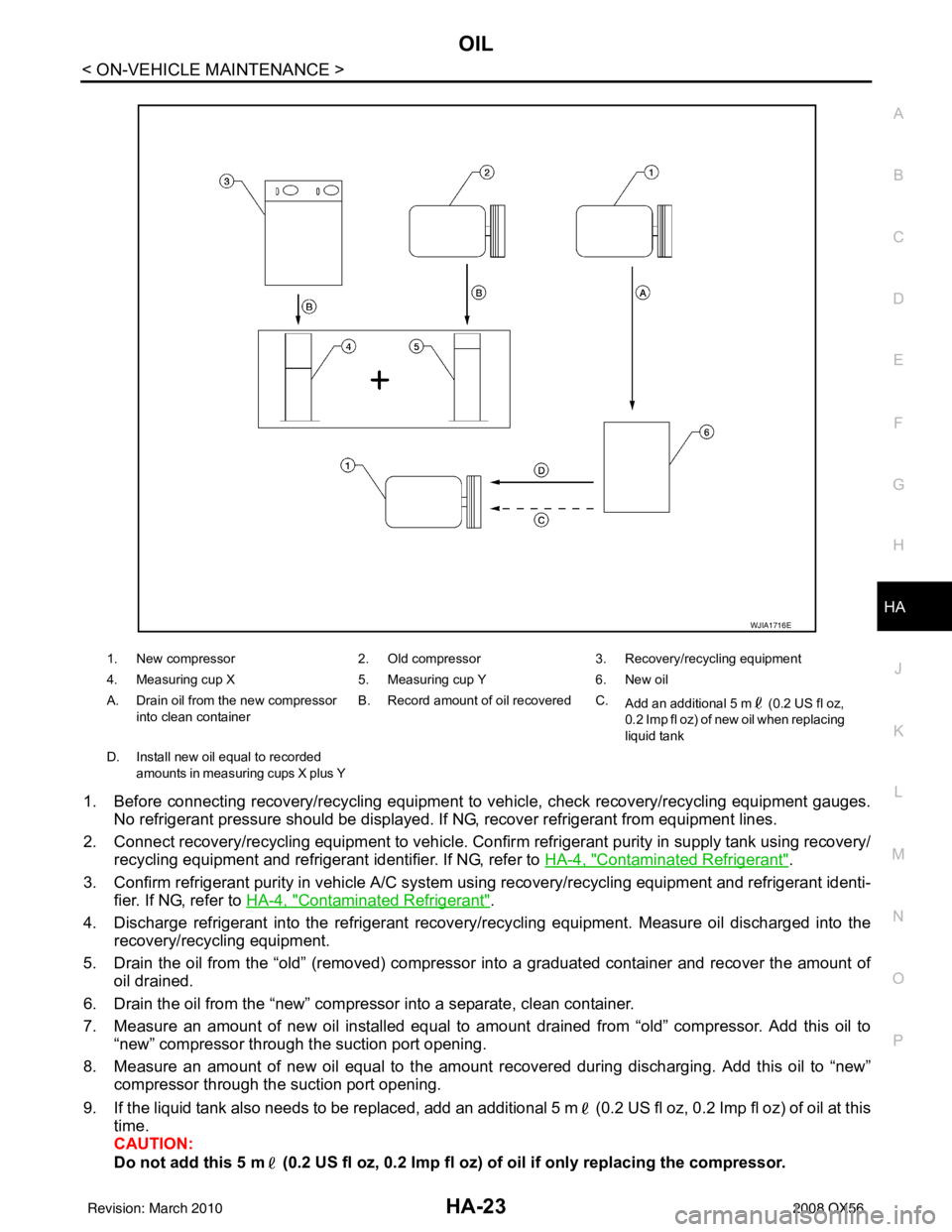 INFINITI QX56 2008  Factory Service Manual OIL
HA-23
< ON-VEHICLE MAINTENANCE >
C
D E
F
G H
J
K L
M A
B
HA
N
O P
1. Before connecting recovery/recycling equipment to  vehicle, check recovery/recycling equipment gauges.
No refrigerant pressure 