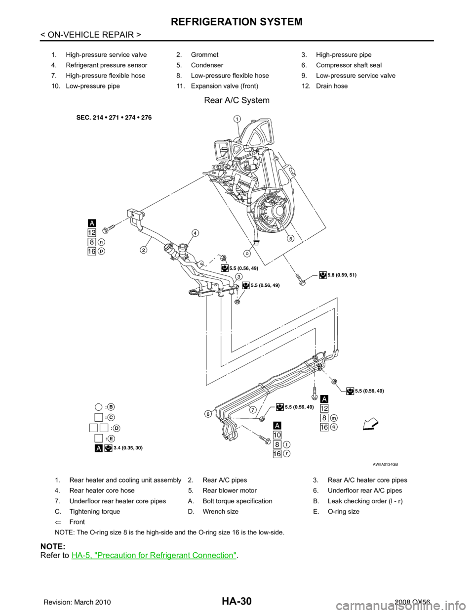 INFINITI QX56 2008  Factory Service Manual HA-30
< ON-VEHICLE REPAIR >
REFRIGERATION SYSTEM
Rear A/C System
NOTE:
Refer to HA-5, "
Precaution for Refrigerant Connection".
1. High-pressure service valve 2. Grommet 3. High-pressure pipe
4. Refri