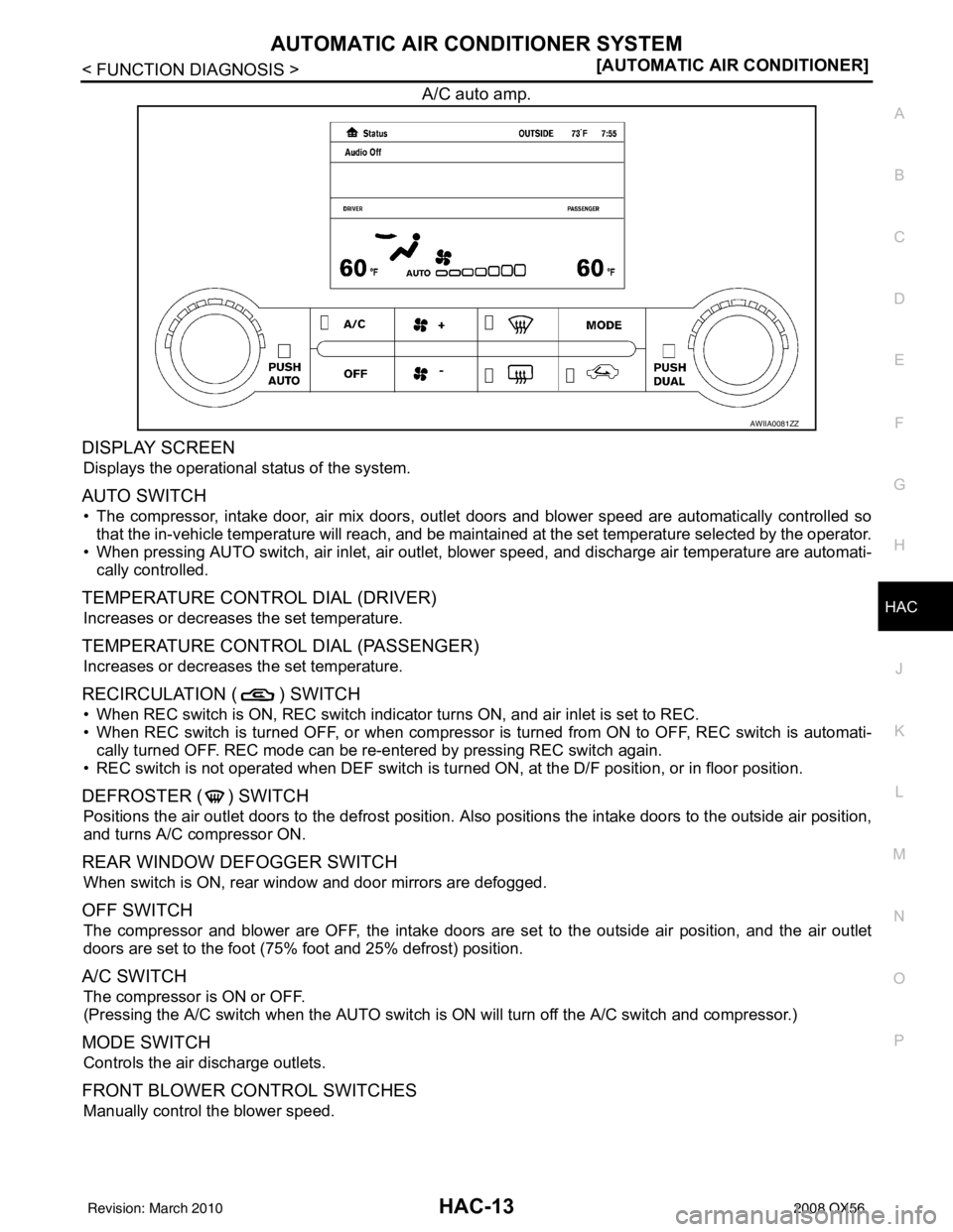 INFINITI QX56 2008  Factory Service Manual AUTOMATIC AIR CONDITIONER SYSTEMHAC-13
< FUNCTION DIAGNOSIS > [AUTOMATIC AIR CONDITIONER]
C
D
E
F
G H
J
K L
M A
B
HAC
N
O P
A/C auto amp.
DISPLAY SCREEN
Displays the operational st atus of the system.