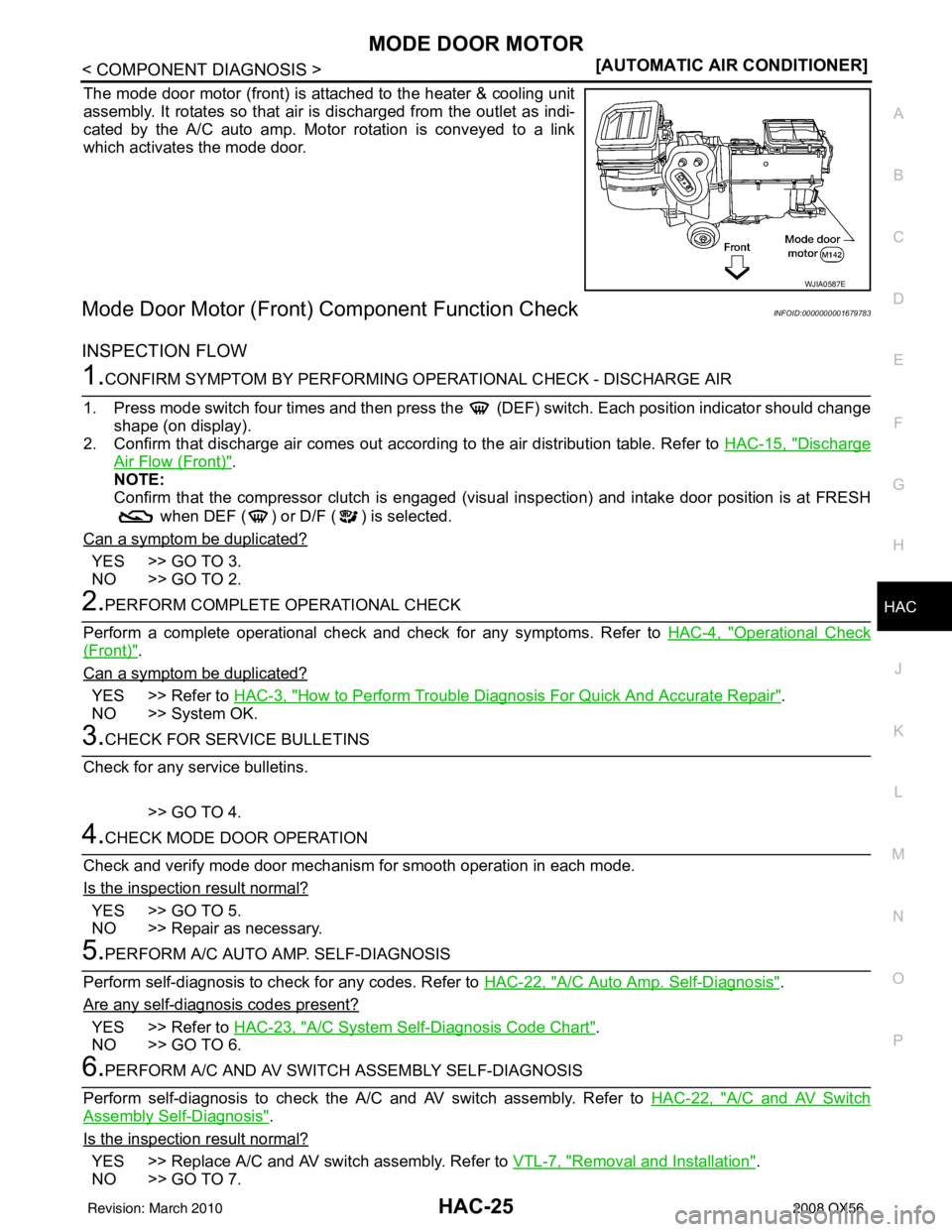 INFINITI QX56 2008  Factory Service Manual MODE DOOR MOTORHAC-25
< COMPONENT DIAGNOSIS > [AUTOMATIC AIR CONDITIONER]
C
D
E
F
G H
J
K L
M A
B
HAC
N
O P
The mode door motor (front) is attached to the heater & cooling unit
assembly. It rotates so