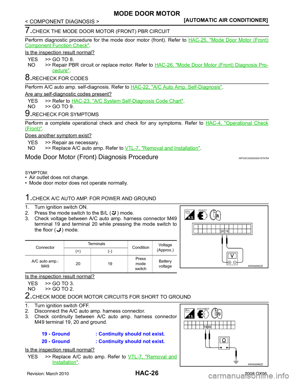 INFINITI QX56 2008  Factory Service Manual HAC-26
< COMPONENT DIAGNOSIS >[AUTOMATIC AIR CONDITIONER]
MODE DOOR MOTOR
7.CHECK THE MODE DOOR MO
TOR (FRONT) PBR CIRCUIT 
Perform diagnostic procedure for the mode door motor (front). Refer to  HAC-