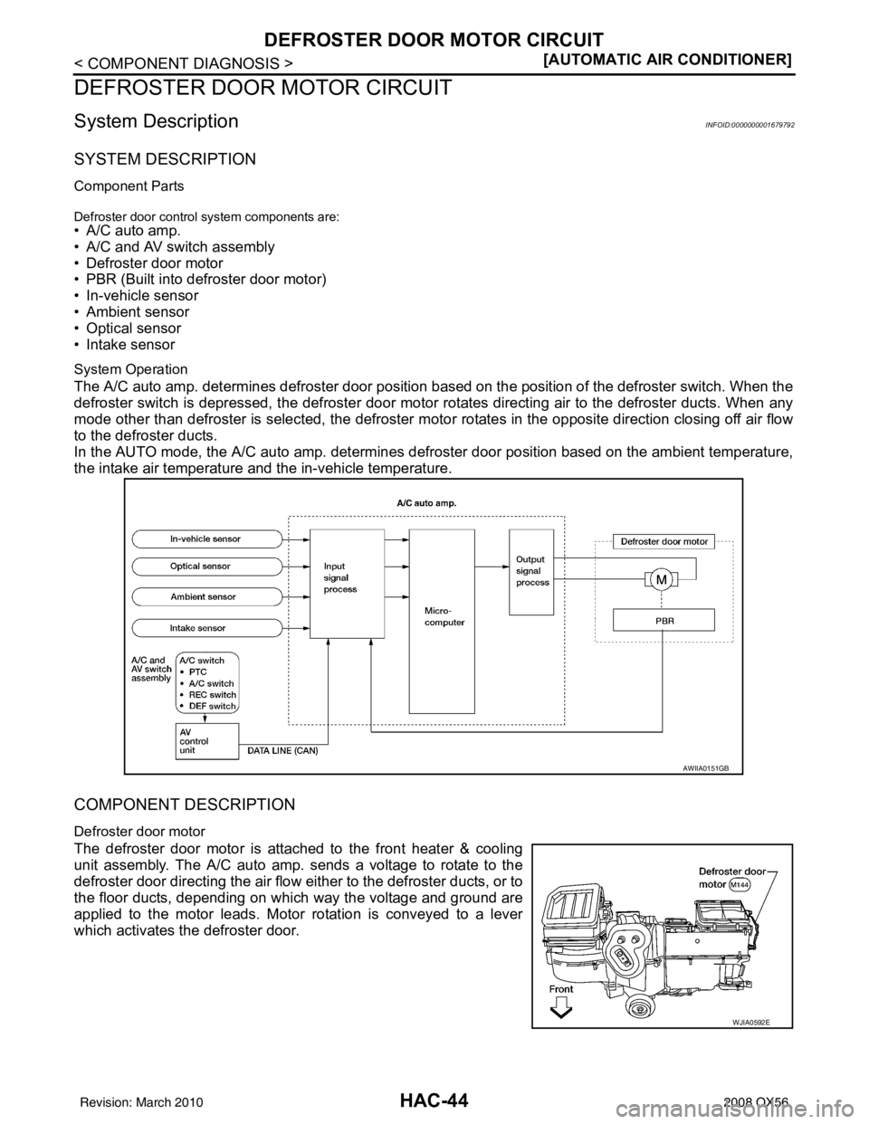 INFINITI QX56 2008  Factory Service Manual HAC-44
< COMPONENT DIAGNOSIS >[AUTOMATIC AIR CONDITIONER]
DEFROSTER DOOR MOTOR CIRCUIT
DEFROSTER DOOR 
MOTOR CIRCUIT
System DescriptionINFOID:0000000001679792
SYSTEM DESCRIPTION
Component Parts
Defros