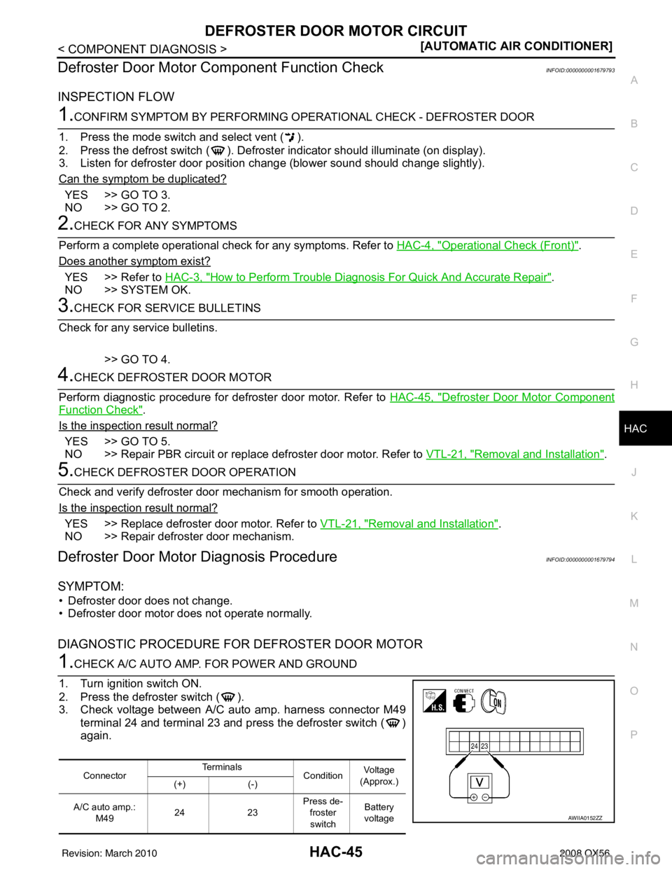 INFINITI QX56 2008  Factory Service Manual DEFROSTER DOOR MOTOR CIRCUITHAC-45
< COMPONENT DIAGNOSIS > [AUTOMATIC AIR CONDITIONER]
C
D
E
F
G H
J
K L
M A
B
HAC
N
O P
Defroster Door Motor Co mponent Function CheckINFOID:0000000001679793
INSPECTIO