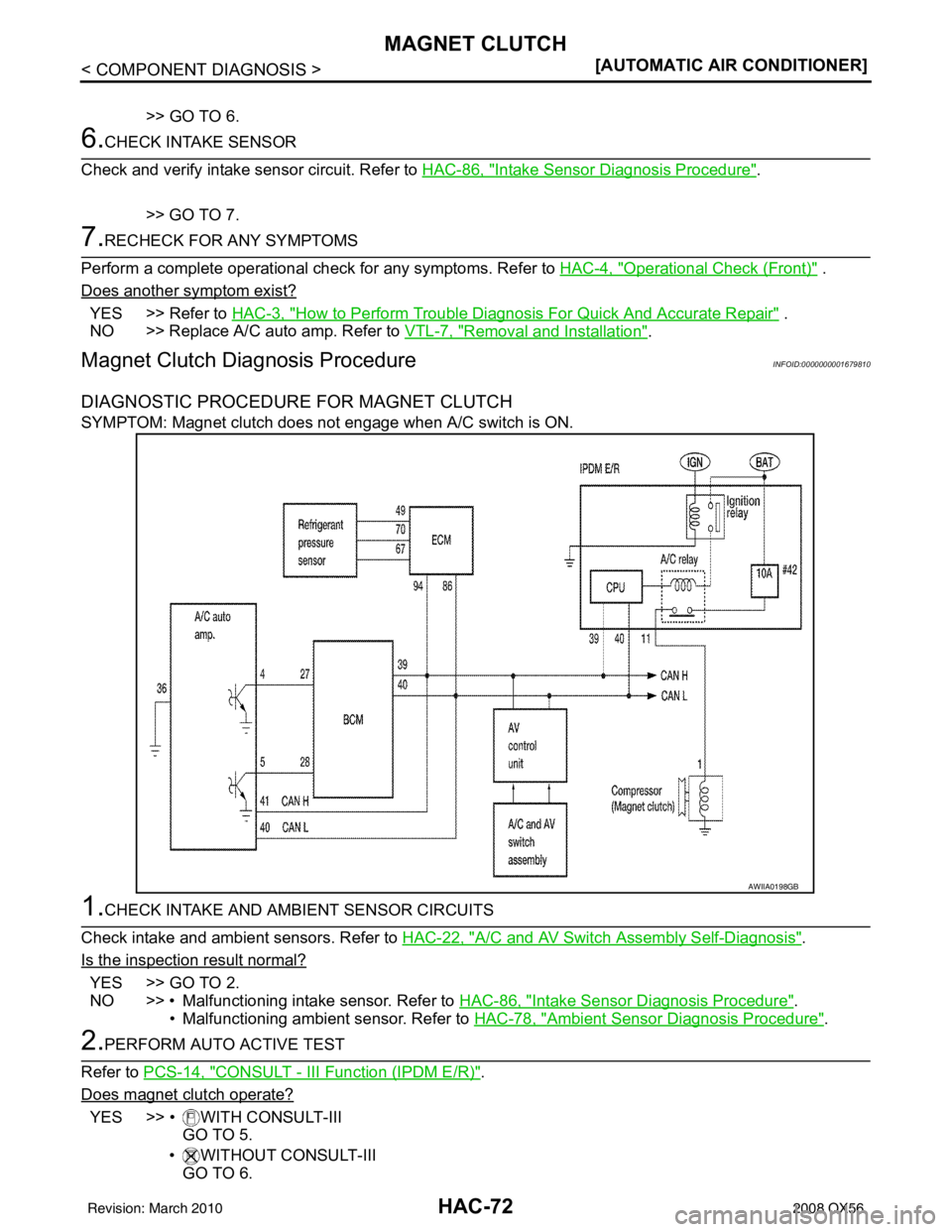 INFINITI QX56 2008  Factory Service Manual HAC-72
< COMPONENT DIAGNOSIS >[AUTOMATIC AIR CONDITIONER]
MAGNET CLUTCH
>> GO TO 6.
6.CHECK INTAKE SENSOR
Check and verify intake sensor circuit. Refer to  HAC-86, "
Intake Sensor Diagnosis Procedure"