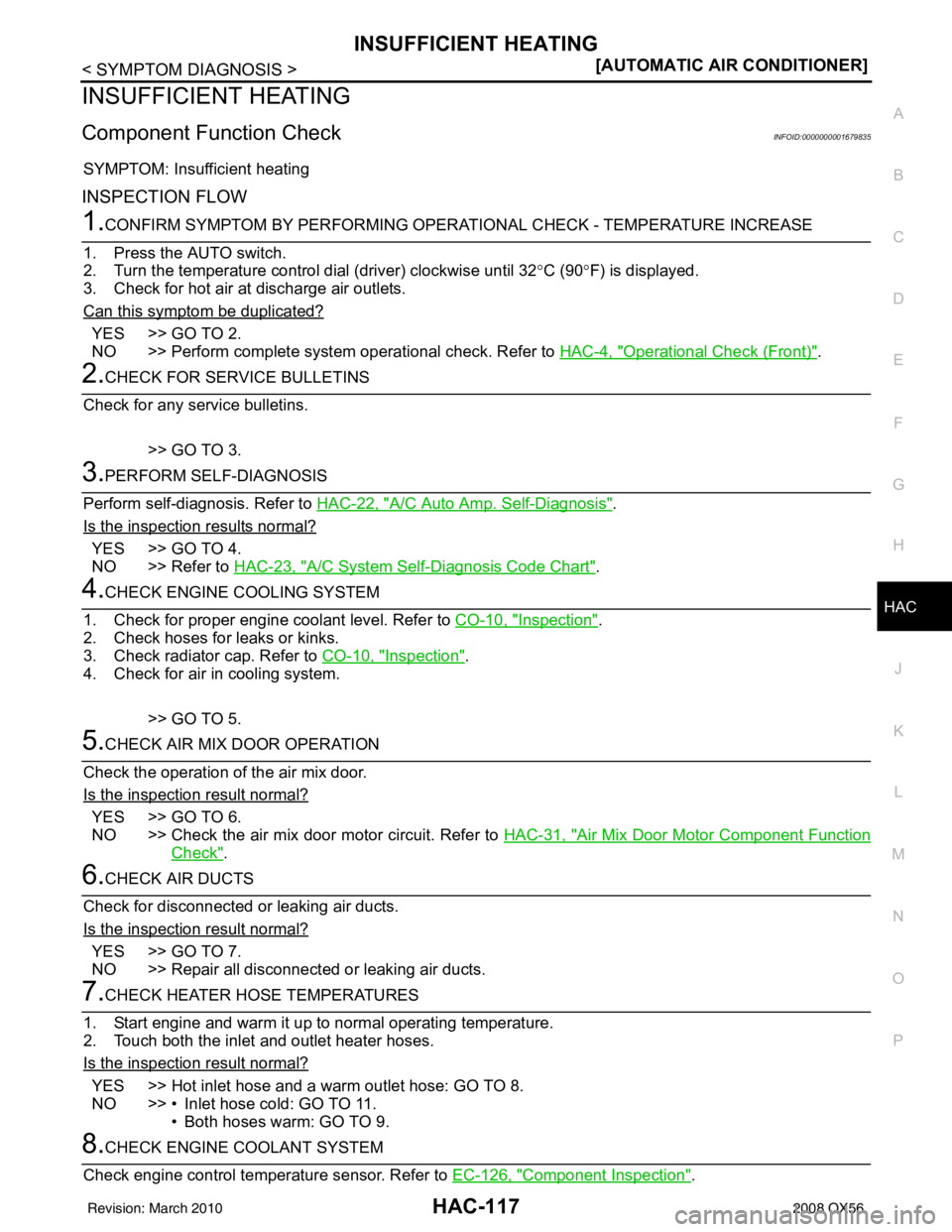 INFINITI QX56 2008  Factory Service Manual INSUFFICIENT HEATINGHAC-117
< SYMPTOM DIAGNOSIS > [AUTOMATIC AIR CONDITIONER]
C
D
E
F
G H
J
K L
M A
B
HAC
N
O P
INSUFFICIENT HEATING
Component Function CheckINFOID:0000000001679835
SYMPTOM: Insufficie