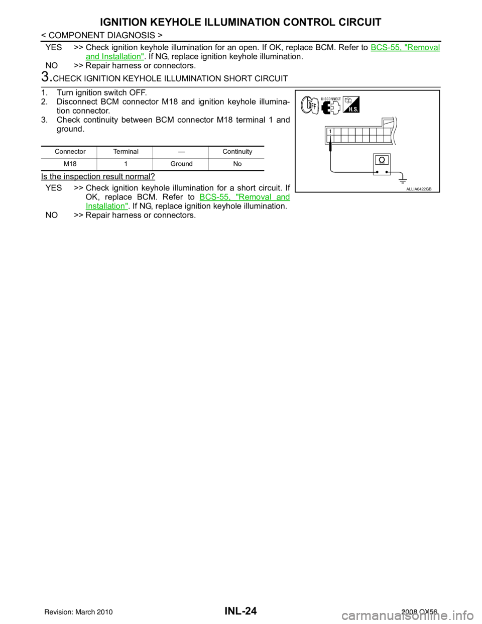 INFINITI QX56 2008  Factory Service Manual INL-24
< COMPONENT DIAGNOSIS >
IGNITION KEYHOLE ILLUMINATION CONTROL CIRCUIT
YES >> Check ignition keyhole illumination for an open. If OK, replace BCM. Refer to BCS-55, "Removal
and Installation". If
