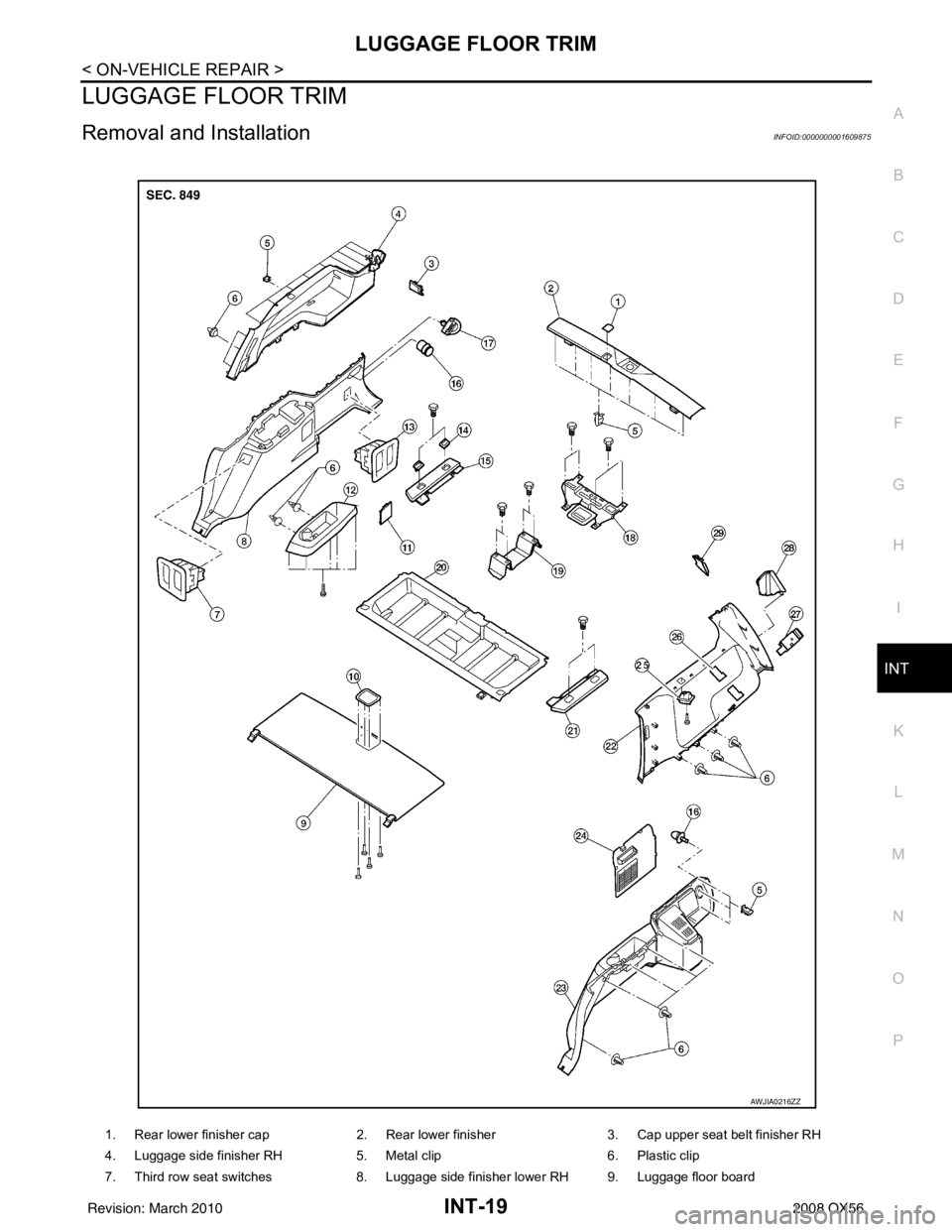 INFINITI QX56 2008  Factory Service Manual LUGGAGE FLOOR TRIMINT-19
< ON-VEHICLE REPAIR >
C
DE
F
G H
I
K L
M A
B
INT
N
O P
LUGGAGE FLOOR TRIM
Removal and InstallationINFOID:0000000001609875
1. Rear lower finisher cap 2. Rear lower finisher3. C
