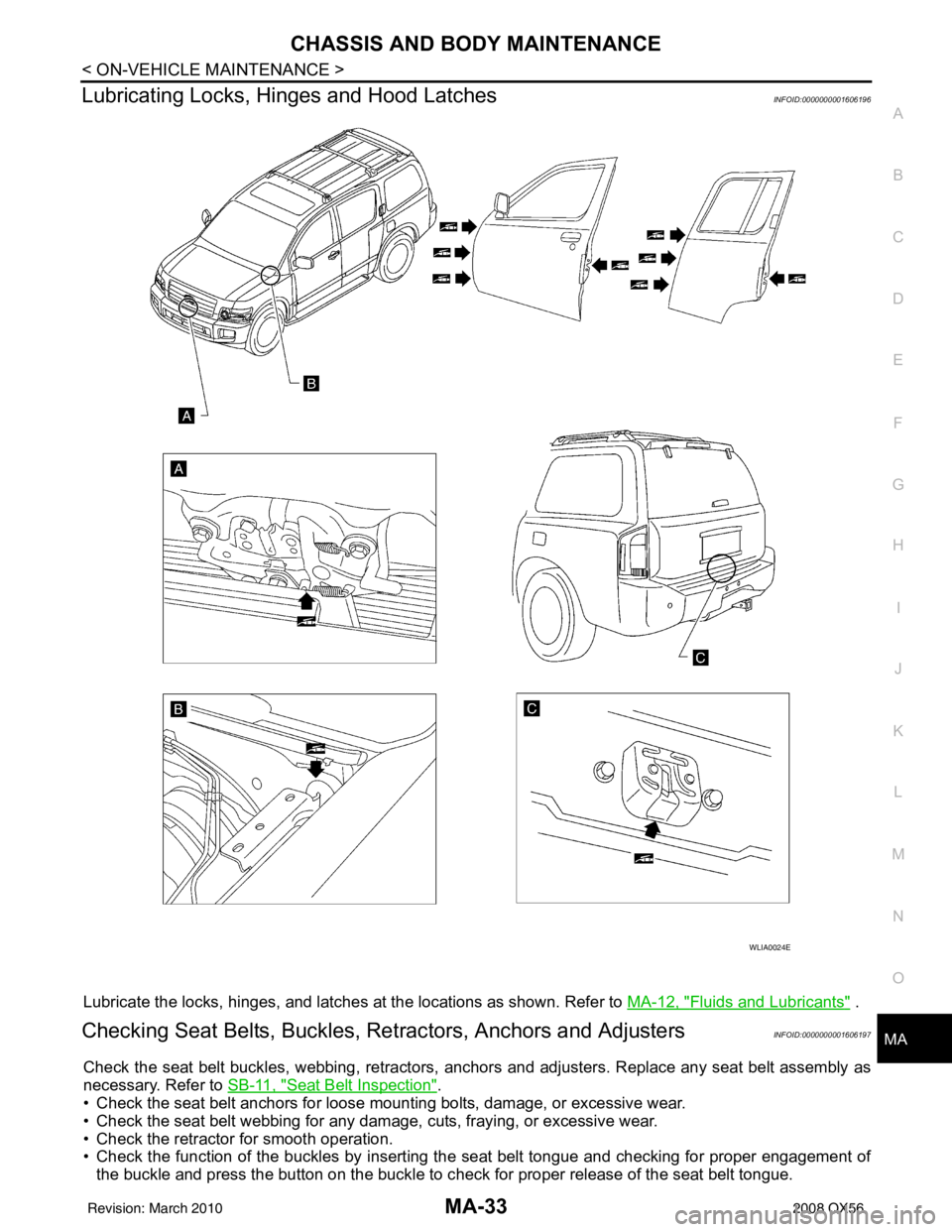 INFINITI QX56 2008  Factory Service Manual CHASSIS AND BODY MAINTENANCEMA-33
< ON-VEHICLE MAINTENANCE >
C
DE
F
G H
I
J
K L
M B
MA
N
O A
Lubricating Locks, Hin
ges and Hood LatchesINFOID:0000000001606196
Lubricate the locks, hinges, and latches