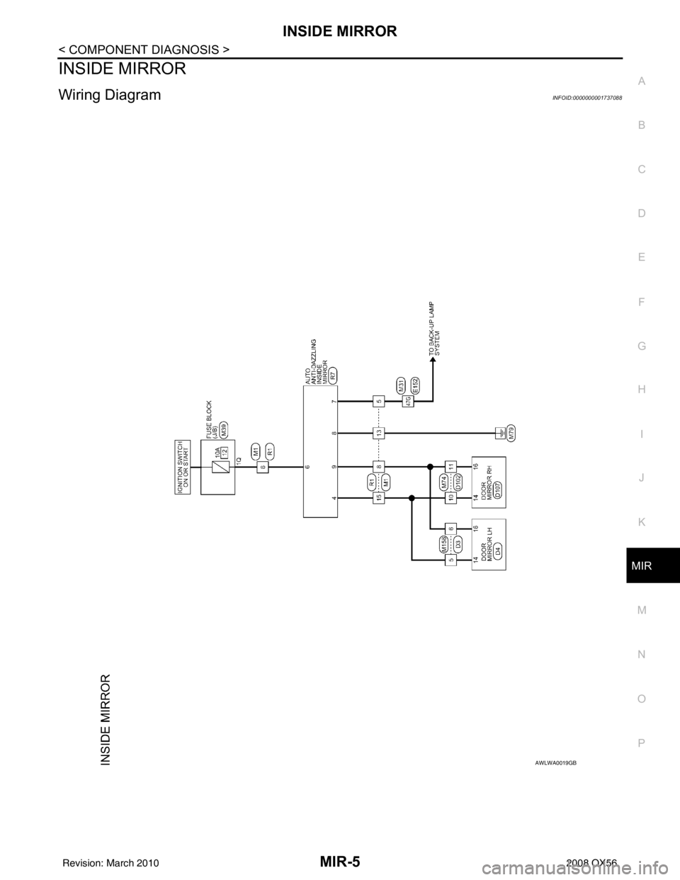 INFINITI QX56 2008  Factory Service Manual INSIDE MIRRORMIR-5
< COMPONENT DIAGNOSIS >
C
DE
F
G H
I
J
K
M A
B
MIR
N
O P
INSIDE MIRROR
Wiring DiagramINFOID:0000000001737088
AWLWA0019GB
Revision: March 2010 2008 QX56 