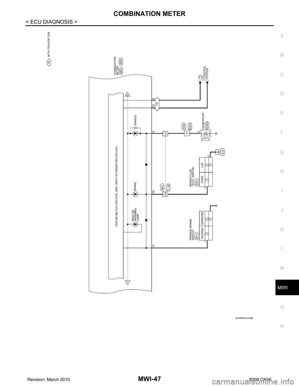 INFINITI QX56 2008  Factory Service Manual MWI
COMBINATION METERMWI-47
< ECU DIAGNOSIS >
C
DE
F
G H
I
J
K L
M B A
O P
ALNWA0131GB
Revision: March 2010 2008 QX56 