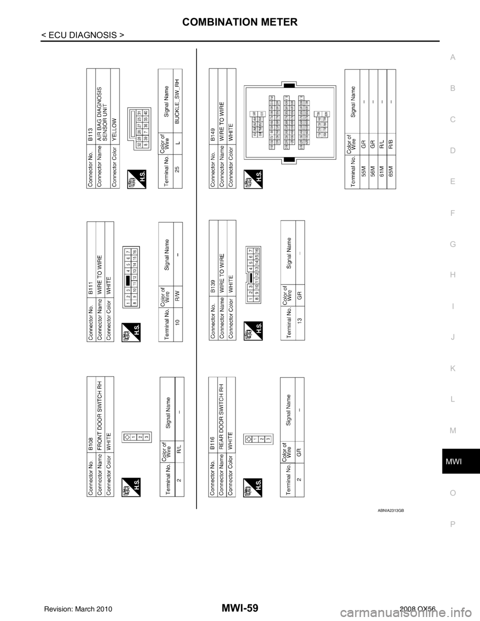 INFINITI QX56 2008  Factory Service Manual MWI
COMBINATION METERMWI-59
< ECU DIAGNOSIS >
C
DE
F
G H
I
J
K L
M B A
O P
ABNIA2313GB
Revision: March 2010 2008 QX56 