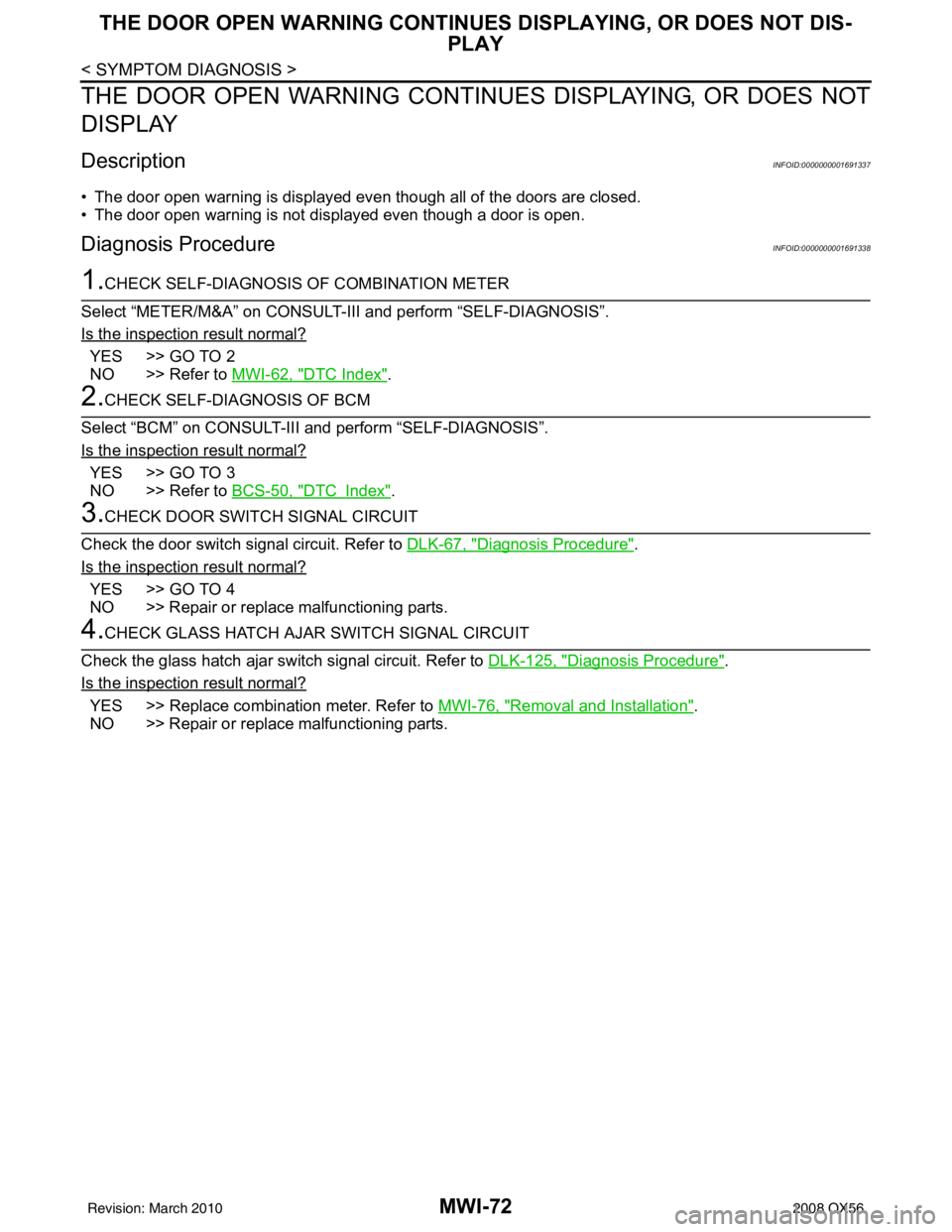 INFINITI QX56 2008  Factory Service Manual MWI-72
< SYMPTOM DIAGNOSIS >
THE DOOR OPEN WARNING CONTINUES DISPLAYING, OR DOES NOT DIS-
PLAY
THE DOOR OPEN WARNING CONTIN UES DISPLAYING, OR DOES NOT
DISPLAY
DescriptionINFOID:0000000001691337
• T
