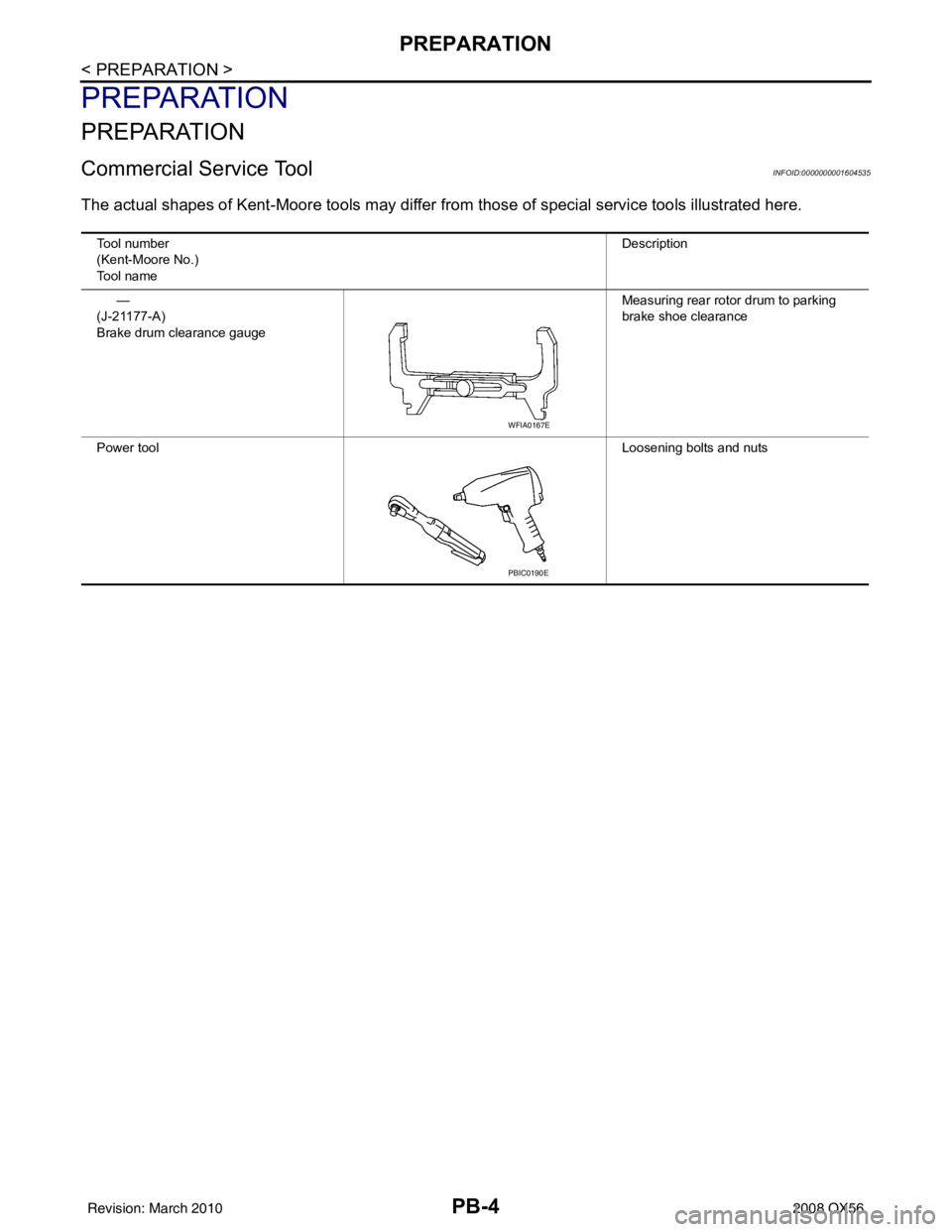 INFINITI QX56 2008  Factory Service Manual PB-4
< PREPARATION >
PREPARATION
PREPARATION
PREPARATION
Commercial Service ToolINFOID:0000000001604535
The actual shapes of Kent-Moore tools may differ from those of  special service tools illustrate