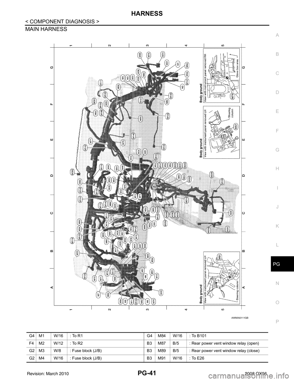 INFINITI QX56 2008  Factory Service Manual PG
HARNESSPG-41
< COMPONENT DIAGNOSIS >
C
DE
F
G H
I
J
K L
B A
O P
N
MAIN HARNESS
AWMIA0111GB
G4 M1 W/16 : To R1
G4 M84 W/16 : To B101
F4 M2 W/12 : To R2 B3 M87 B/5 : Rear power vent window relay (ope