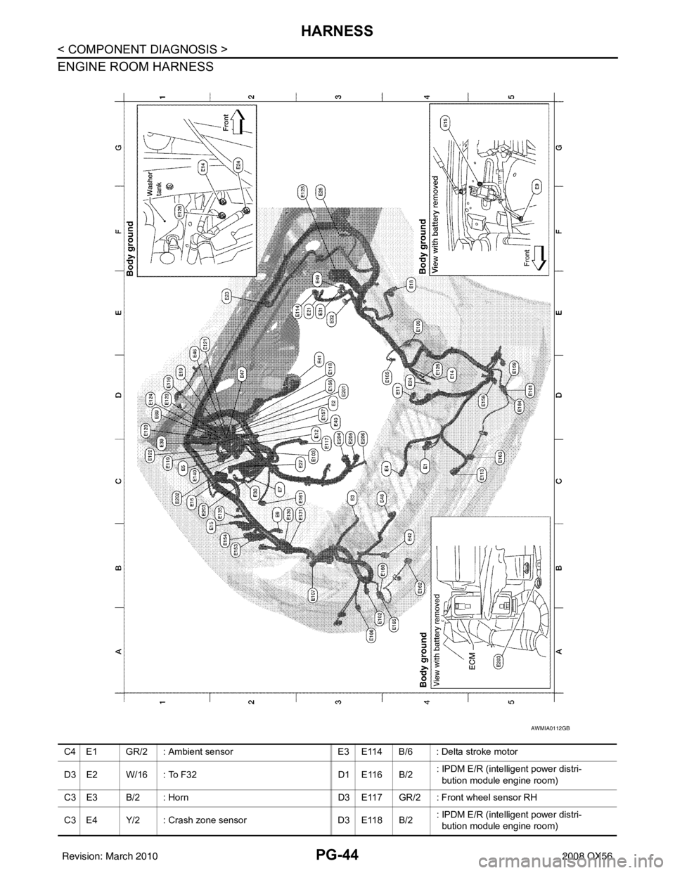 INFINITI QX56 2008  Factory Service Manual PG-44
< COMPONENT DIAGNOSIS >
HARNESS
ENGINE ROOM HARNESS
AWMIA0112GB
C4 E1 GR/2 : Ambient sensorE3 E114 B/6 : Delta stroke motor
D3 E2 W/16 : To F32 D1 E116 B/2: IPDM E/R (intelligent power distri-
 