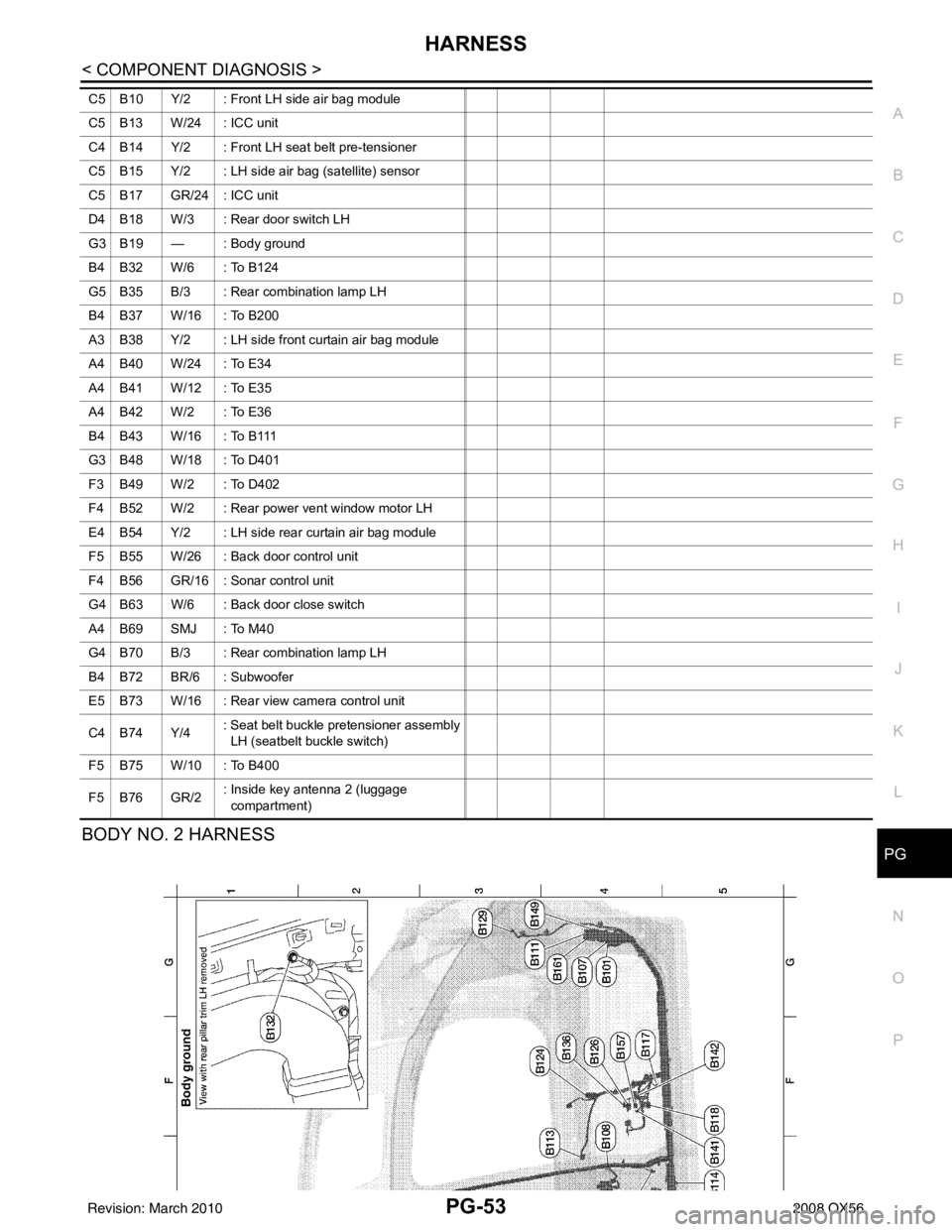 INFINITI QX56 2008 Factory Service Manual PG
HARNESSPG-53
< COMPONENT DIAGNOSIS >
C
DE
F
G H
I
J
K L
B A
O P
N
BODY NO. 2 HARNESS
C5 B10 Y/2 : Front LH side air bag module
C5 B13 W/24 : ICC unit
C4 B14 Y/2 : Front LH seat belt pre-tensioner
C INFINITI QX56 2008 Factory Service Manual PG
HARNESSPG-53
< COMPONENT DIAGNOSIS >
C
DE
F
G H
I
J
K L
B A
O P
N
BODY NO. 2 HARNESS
C5 B10 Y/2 : Front LH side air bag module
C5 B13 W/24 : ICC unit
C4 B14 Y/2 : Front LH seat belt pre-tensioner
C