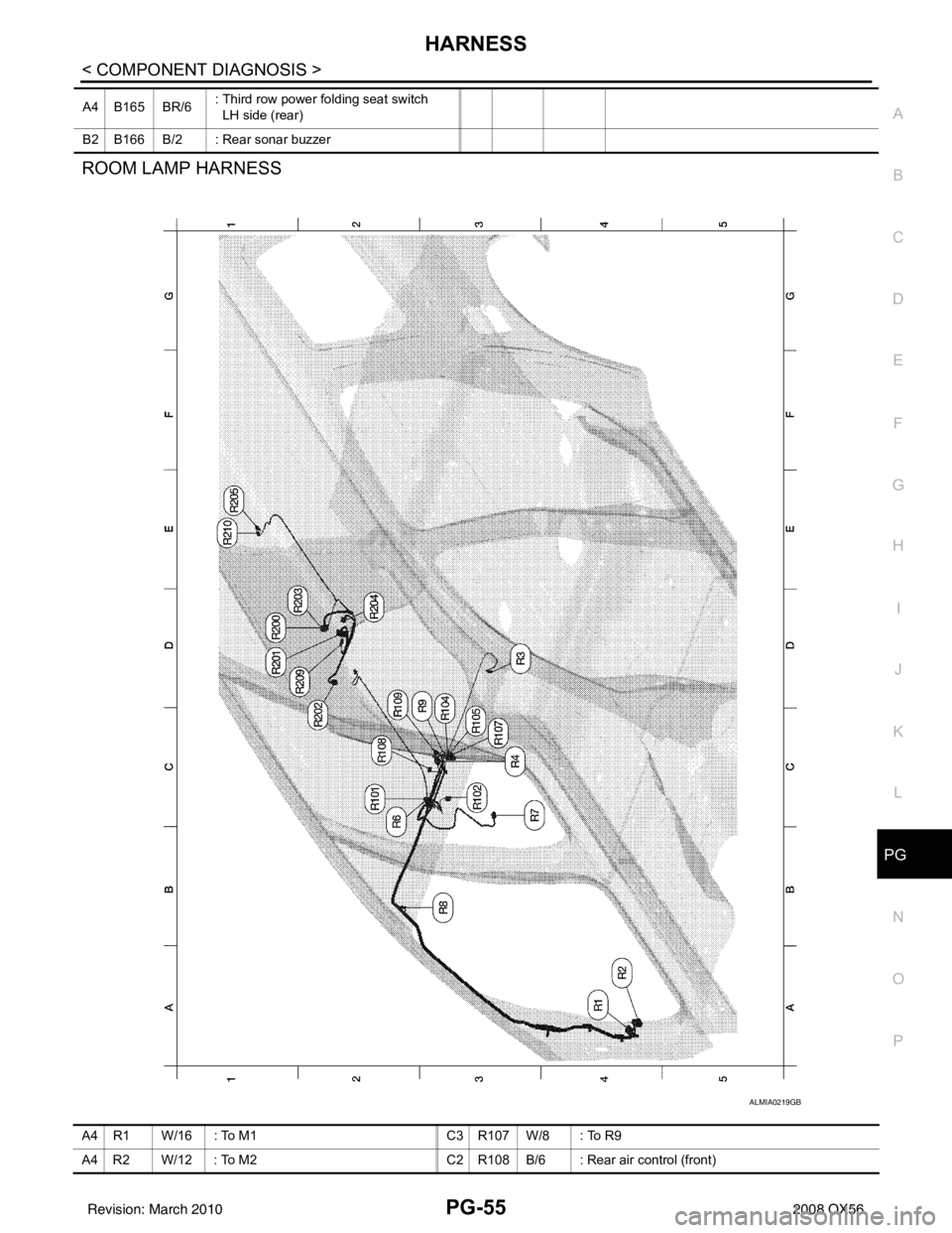 INFINITI QX56 2008  Factory Service Manual PG
HARNESSPG-55
< COMPONENT DIAGNOSIS >
C
DE
F
G H
I
J
K L
B A
O P
N
ROOM LAMP HARNESS
A4 B165 BR/6
: Third row power folding seat switch
  LH side (rear)
B2 B166 B/2 : Rear sonar buzzer
ALMIA0219GB
A