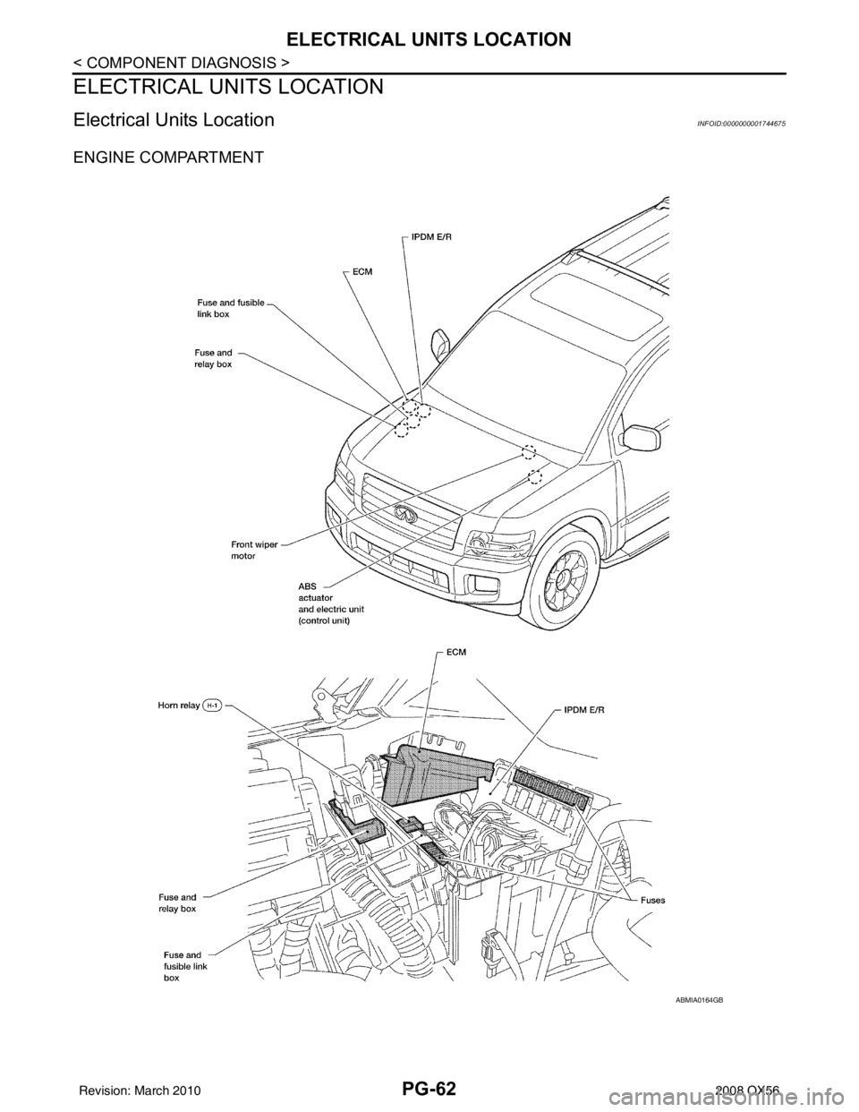 INFINITI QX56 2008  Factory Service Manual PG-62
< COMPONENT DIAGNOSIS >
ELECTRICAL UNITS LOCATION
ELECTRICAL UNITS LOCATION
Electrical Units LocationINFOID:0000000001744675
ENGINE COMPARTMENT 
ABMIA0164GB
Revision: March 20102008 QX56 