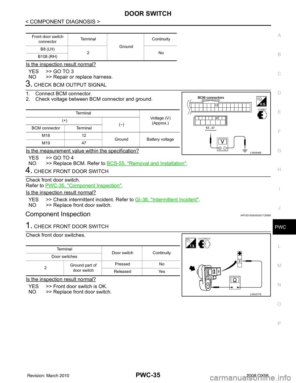 INFINITI QX56 2008 Factory Service Manual DOOR SWITCHPWC-35
< COMPONENT DIAGNOSIS >
C
DE
F
G H
I
J
L
M A
B
PWC
N
O P
Is the inspection result normal?
YES >> GO TO 3
NO >> Repair or replace harness.
3. CHECK BCM OUTPUT SIGNAL
1. Connect BCM co INFINITI QX56 2008 Factory Service Manual DOOR SWITCHPWC-35
< COMPONENT DIAGNOSIS >
C
DE
F
G H
I
J
L
M A
B
PWC
N
O P
Is the inspection result normal?
YES >> GO TO 3
NO >> Repair or replace harness.
3. CHECK BCM OUTPUT SIGNAL
1. Connect BCM co