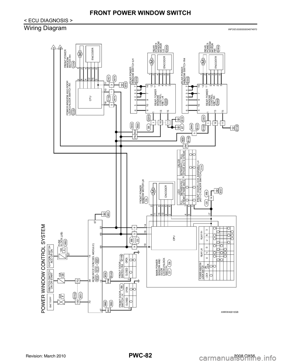 INFINITI QX56 2008  Factory Service Manual PWC-82
< ECU DIAGNOSIS >
FRONT POWER WINDOW SWITCH
Wiring Diagram
INFOID:0000000004874970
AWKWA0013GB
Revision: March 2010 2008 QX56 