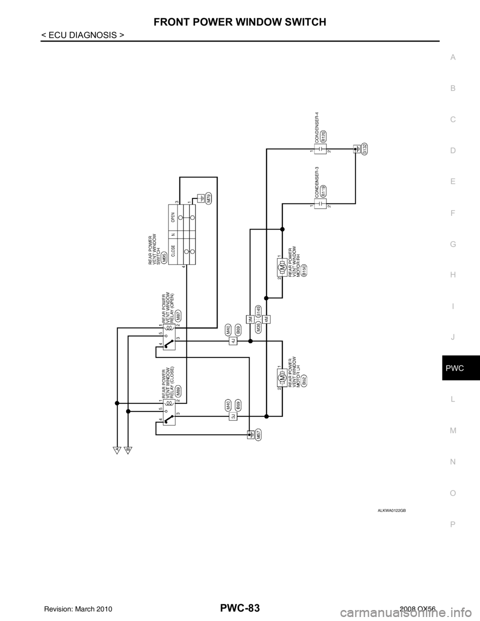 INFINITI QX56 2008  Factory Service Manual FRONT POWER WINDOW SWITCHPWC-83
< ECU DIAGNOSIS >
C
DE
F
G H
I
J
L
M A
B
PWC
N
O P
ALKWA0122GB
Revision: March 2010 2008 QX56 