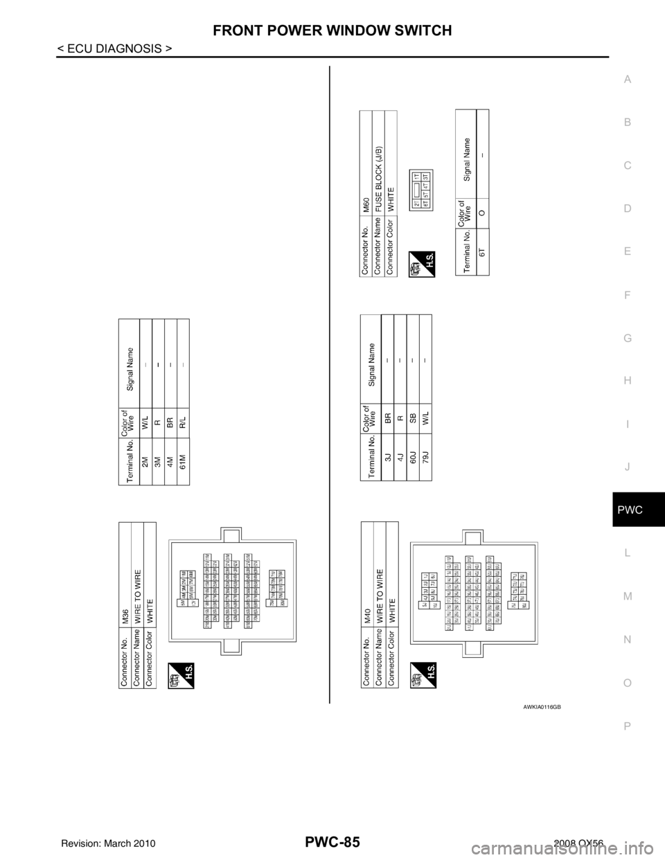 INFINITI QX56 2008  Factory Service Manual FRONT POWER WINDOW SWITCHPWC-85
< ECU DIAGNOSIS >
C
DE
F
G H
I
J
L
M A
B
PWC
N
O P
AWKIA0116GB
Revision: March 2010 2008 QX56 