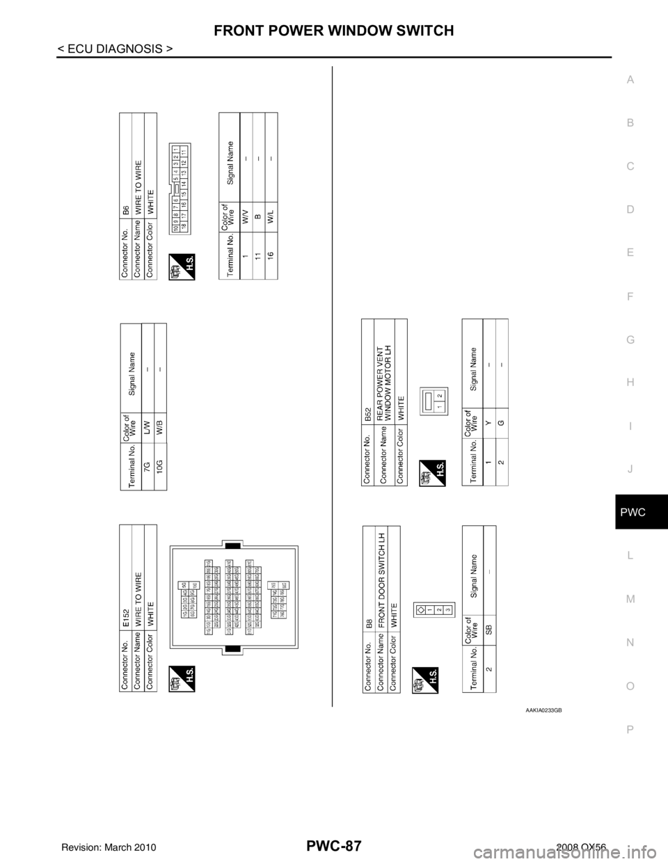 INFINITI QX56 2008  Factory Service Manual FRONT POWER WINDOW SWITCHPWC-87
< ECU DIAGNOSIS >
C
DE
F
G H
I
J
L
M A
B
PWC
N
O P
AAKIA0233GB
Revision: March 2010 2008 QX56 