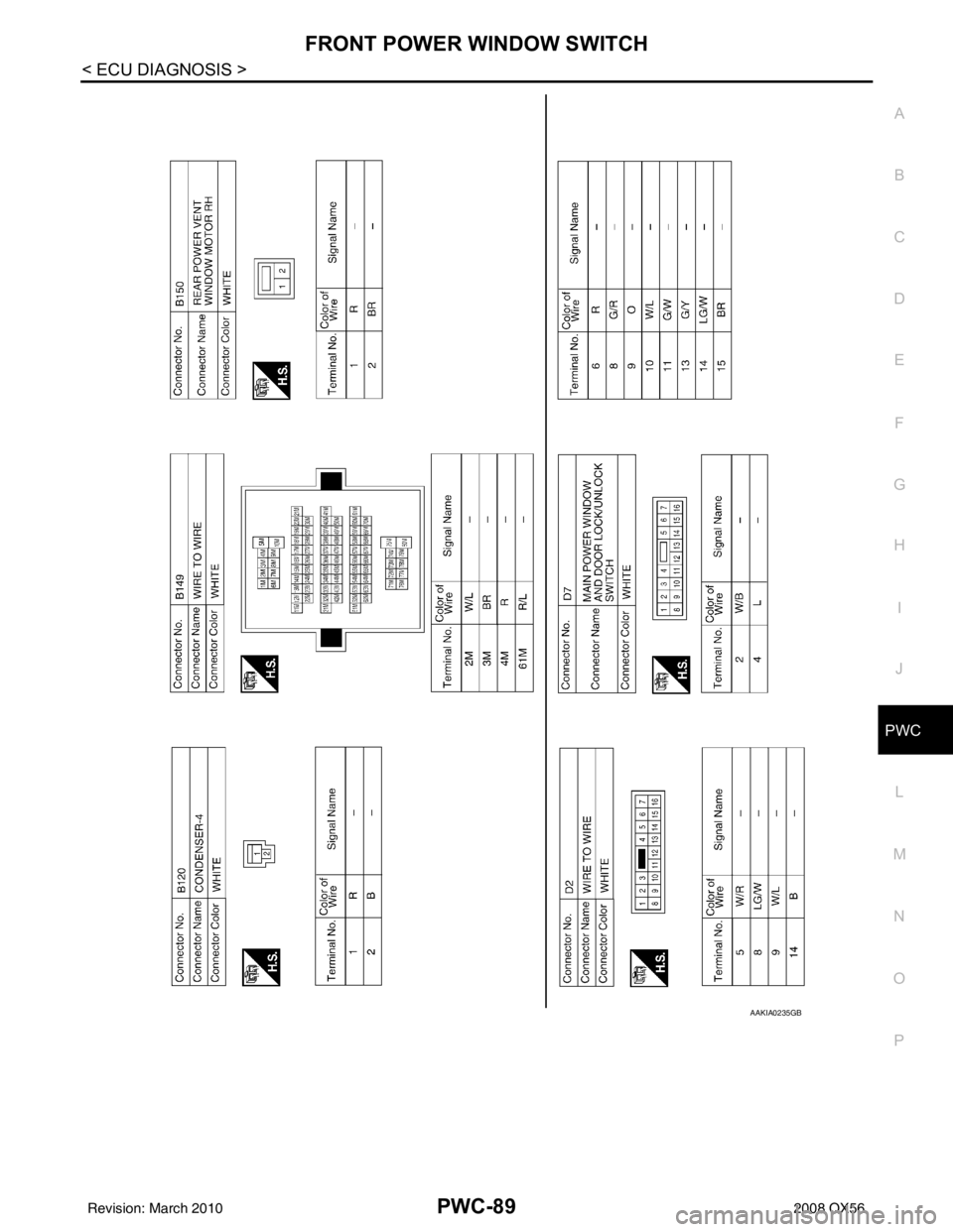 INFINITI QX56 2008  Factory Service Manual FRONT POWER WINDOW SWITCHPWC-89
< ECU DIAGNOSIS >
C
DE
F
G H
I
J
L
M A
B
PWC
N
O P
AAKIA0235GB
Revision: March 2010 2008 QX56 
