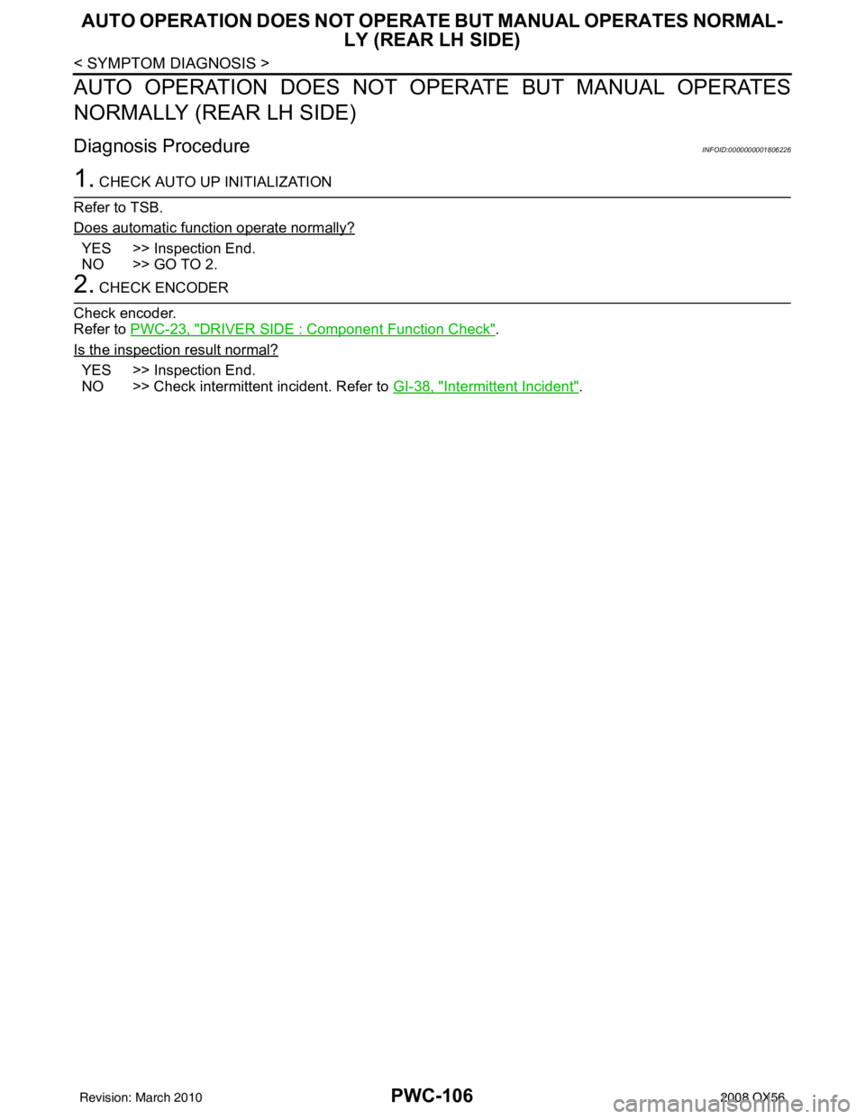 INFINITI QX56 2008  Factory Service Manual PWC-106
< SYMPTOM DIAGNOSIS >
AUTO OPERATION DOES NOT OPERATE BUT MANUAL OPERATES NORMAL-
LY (REAR LH SIDE)
AUTO OPERATION DOES NOT OPERATE BUT MANUAL OPERATES
NORMALLY (REAR LH SIDE)
Diagnosis Proced