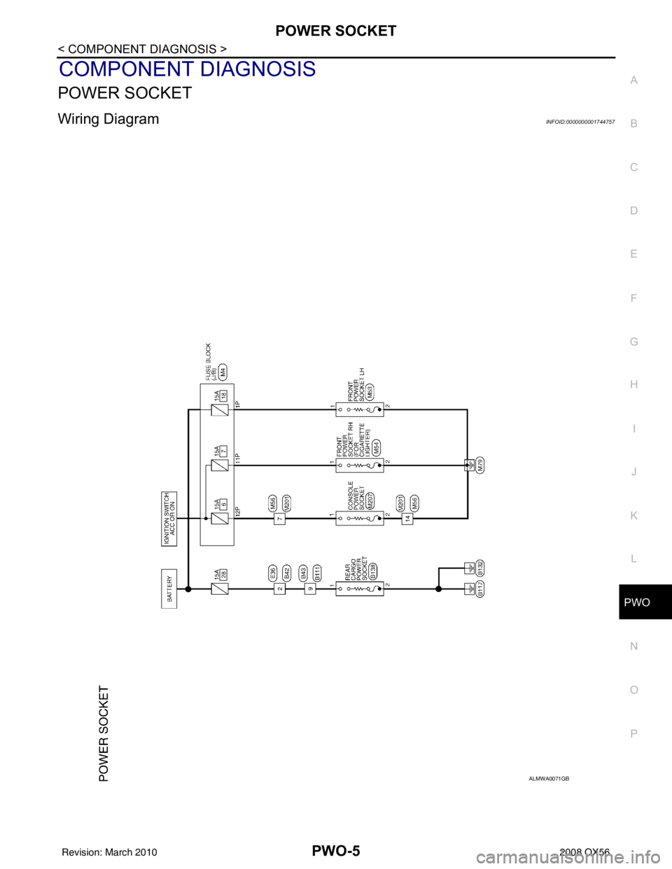 INFINITI QX56 2008  Factory Service Manual PWO
POWER SOCKETPWO-5
< COMPONENT DIAGNOSIS >
C
DE
F
G H
I
J
K L
B A
O P
N
COMPONENT DIAGNOSIS
POWER SOCKET
Wiring DiagramINFOID:0000000001744757
ALMWA0071GB
Revision: March 2010
2008 QX56 