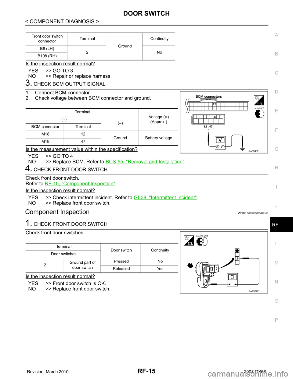 INFINITI QX56 2008 Factory Service Manual DOOR SWITCHRF-15
< COMPONENT DIAGNOSIS >
C
DE
F
G H
I
J
L
M A
B
RF
N
O P
Is the inspection result normal?
YES >> GO TO 3
NO >> Repair or replace harness.
3. CHECK BCM OUTPUT SIGNAL
1. Connect BCM conn INFINITI QX56 2008 Factory Service Manual DOOR SWITCHRF-15
< COMPONENT DIAGNOSIS >
C
DE
F
G H
I
J
L
M A
B
RF
N
O P
Is the inspection result normal?
YES >> GO TO 3
NO >> Repair or replace harness.
3. CHECK BCM OUTPUT SIGNAL
1. Connect BCM conn