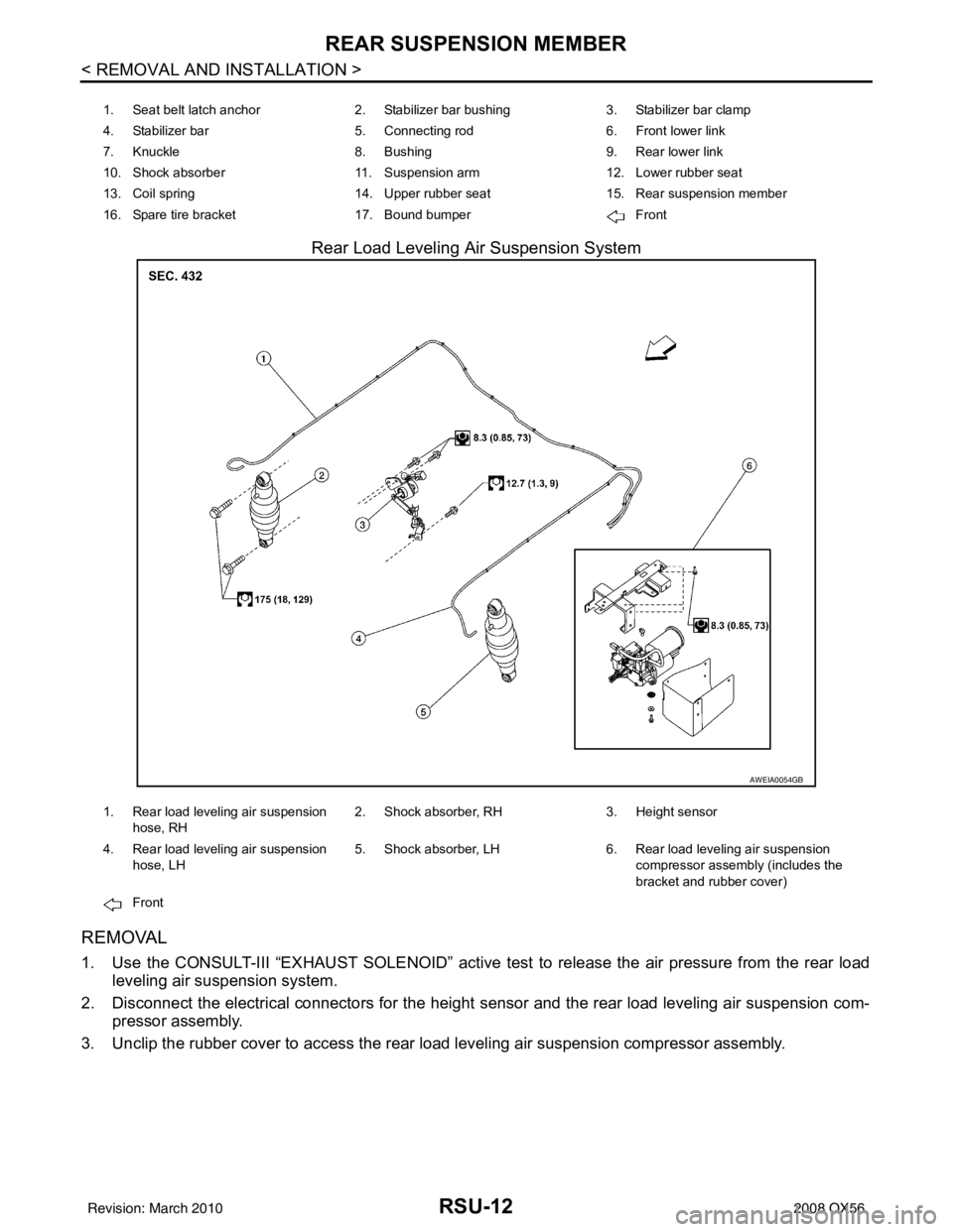 INFINITI QX56 2008  Factory Service Manual RSU-12
< REMOVAL AND INSTALLATION >
REAR SUSPENSION MEMBER
Rear Load Leveling Air Suspension System
REMOVAL
1. Use the CONSULT-III “EXHAUST SOLENOID” active test to release the air pressure from t