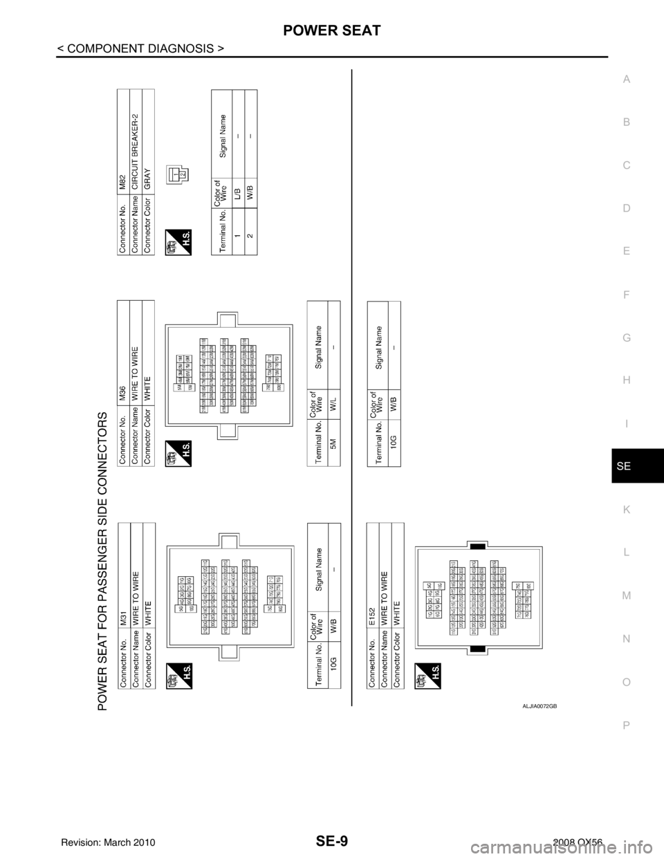 INFINITI QX56 2008  Factory Service Manual POWER SEATSE-9
< COMPONENT DIAGNOSIS >
C
DE
F
G H
I
K L
M A
B
SE
N
O P
ALJIA0072GB
Revision: March 2010 2008 QX56 