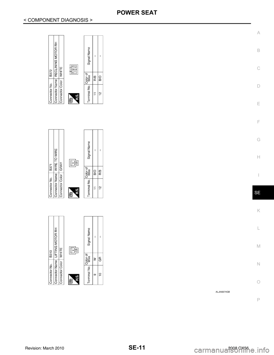 INFINITI QX56 2008  Factory Service Manual POWER SEATSE-11
< COMPONENT DIAGNOSIS >
C
DE
F
G H
I
K L
M A
B
SE
N
O P
ALJIA0074GB
Revision: March 2010 2008 QX56 