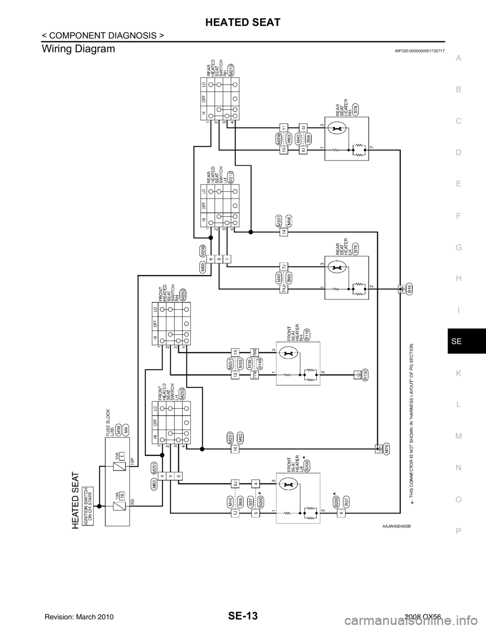INFINITI QX56 2008  Factory Service Manual HEATED SEATSE-13
< COMPONENT DIAGNOSIS >
C
DE
F
G H
I
K L
M A
B
SE
N
O P
Wiring DiagramINFOID:0000000001735717
AAJWA0043GB
Revision: March 2010 2008 QX56 