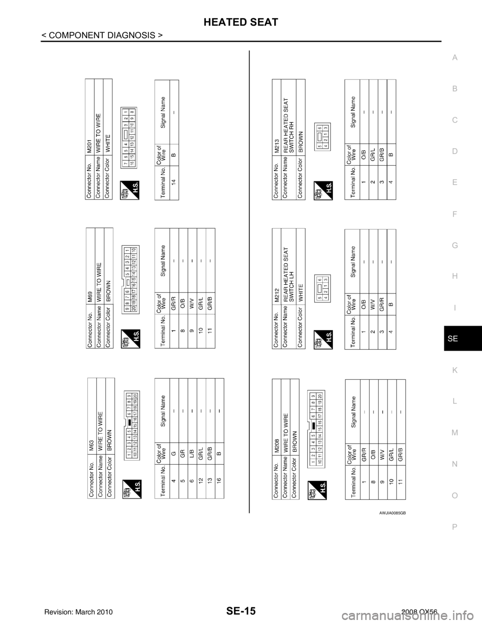 INFINITI QX56 2008  Factory Service Manual HEATED SEATSE-15
< COMPONENT DIAGNOSIS >
C
DE
F
G H
I
K L
M A
B
SE
N
O P
AWJIA0085GB
Revision: March 2010 2008 QX56 