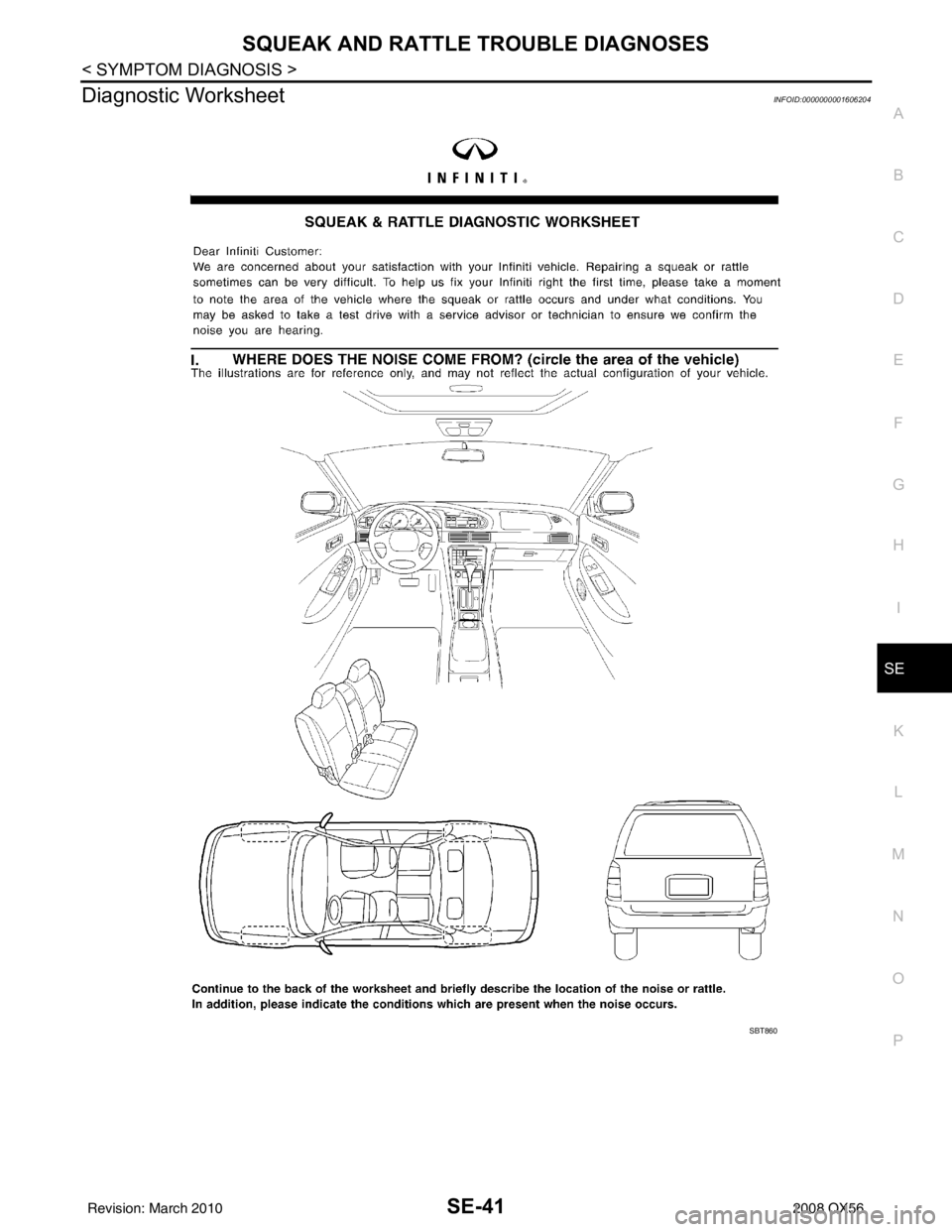 INFINITI QX56 2008  Factory Service Manual SQUEAK AND RATTLE TROUBLE DIAGNOSESSE-41
< SYMPTOM DIAGNOSIS >
C
DE
F
G H
I
K L
M A
B
SE
N
O P
Diagnostic WorksheetINFOID:0000000001606204
SBT860
Revision: March 2010 2008 QX56 