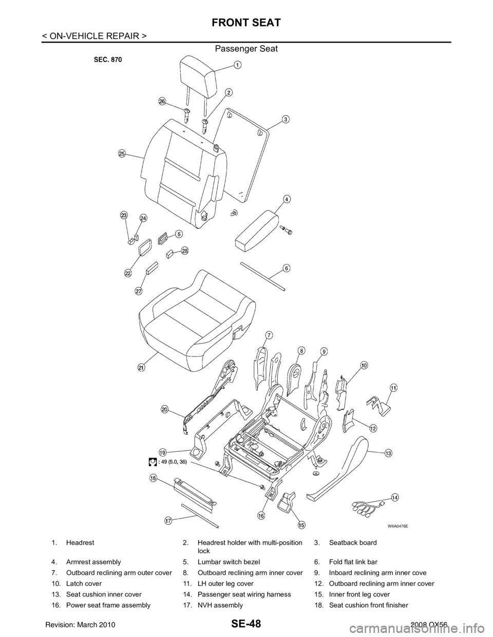 INFINITI QX56 2008  Factory Service Manual SE-48
< ON-VEHICLE REPAIR >
FRONT SEAT
Passenger Seat
WIIA0476E
1. Headrest2. Headrest holder with multi-position 
lock  3. Seatback board 
4. Armrest assembly 5. Lumbar switch bezel6. Fold flat link 