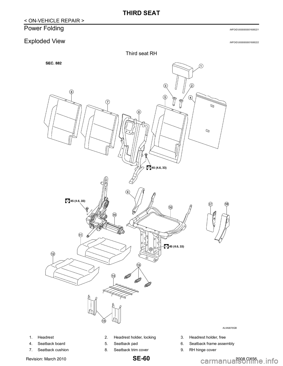 INFINITI QX56 2008  Factory Service Manual SE-60
< ON-VEHICLE REPAIR >
THIRD SEAT
Power Folding
INFOID:0000000001606221
Exploded ViewINFOID:0000000001606222
Third seat RH
ALIIA0070GB
1. Headrest  2. Headrest holder, locking 3. Headrest holder,