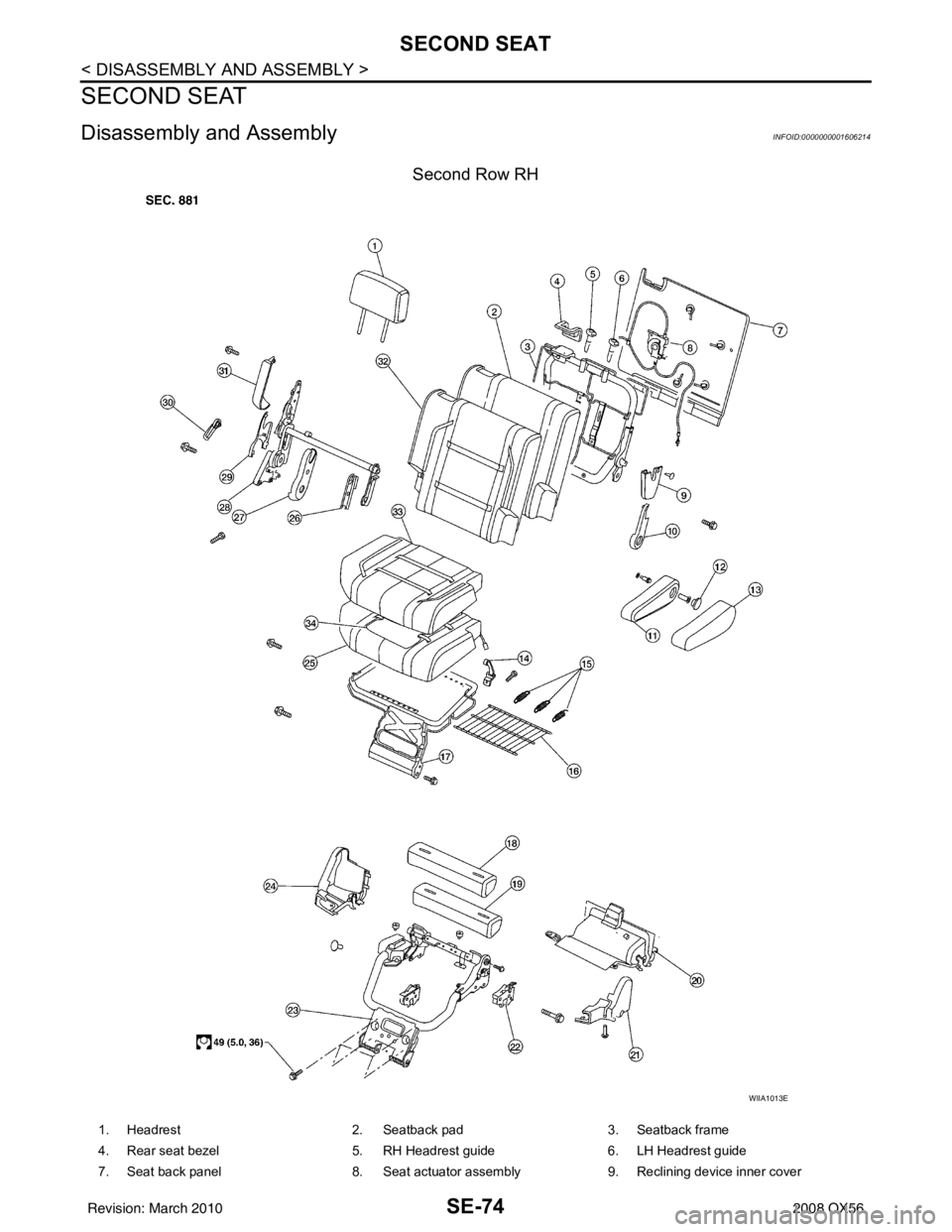 INFINITI QX56 2008  Factory Service Manual SE-74
< DISASSEMBLY AND ASSEMBLY >
SECOND SEAT
SECOND SEAT
Disassembly and AssemblyINFOID:0000000001606214
Second Row RH
WIIA1013E
1. Headrest 2. Seatback pad 3. Seatback frame
4. Rear seat bezel 5. R