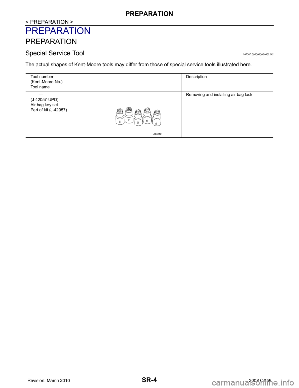 INFINITI QX56 2008  Factory Service Manual SR-4
< PREPARATION >
PREPARATION
PREPARATION
PREPARATION
Special Service ToolINFOID:0000000001602212
The actual shapes of Kent-Moore tools may differ from those of  special service tools illustrated h