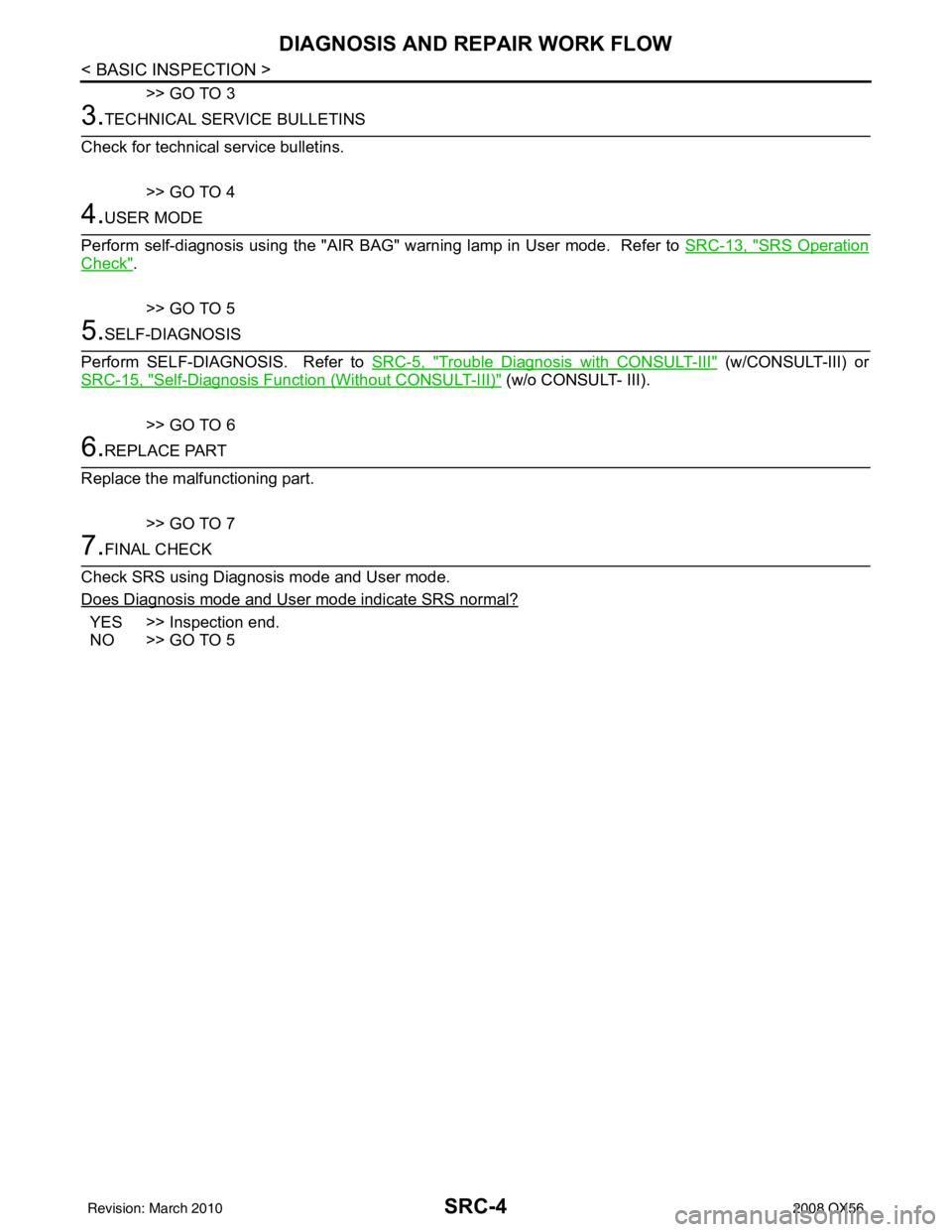 INFINITI QX56 2008  Factory Service Manual SRC-4
< BASIC INSPECTION >
DIAGNOSIS AND REPAIR WORK FLOW
>> GO TO 3
3.TECHNICAL SERVICE BULLETINS
Check for technical service bulletins.
>> GO TO 4
4.USER MODE
Perform self-diagnosis using the "AIR B