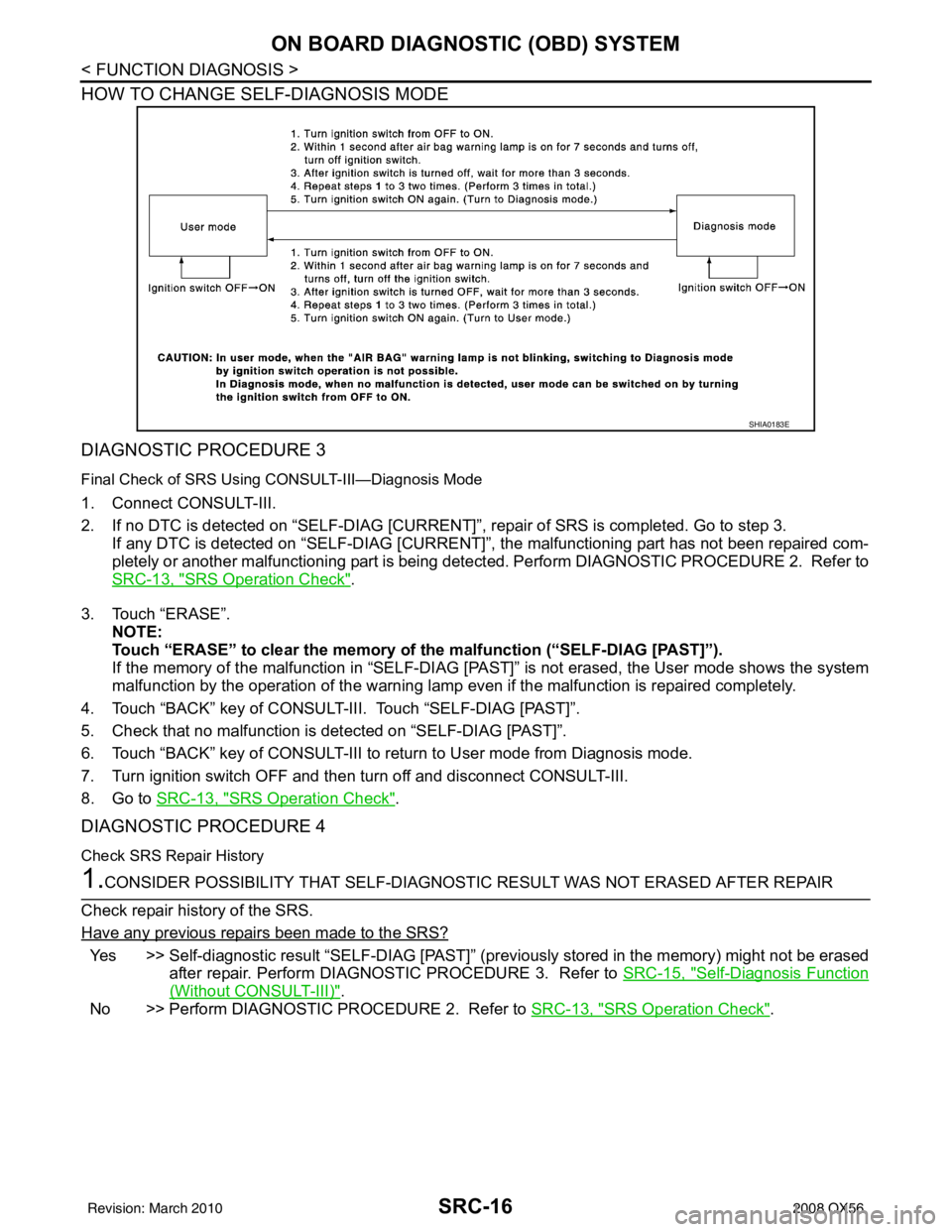 INFINITI QX56 2008  Factory Service Manual SRC-16
< FUNCTION DIAGNOSIS >
ON BOARD DIAGNOSTIC (OBD) SYSTEM
HOW TO CHANGE SELF-DIAGNOSIS MODE 
DIAGNOSTIC PROCEDURE 3
Final Check of SRS Using CONSULT-III—Diagnosis Mode
1. Connect CONSULT-III.
2
